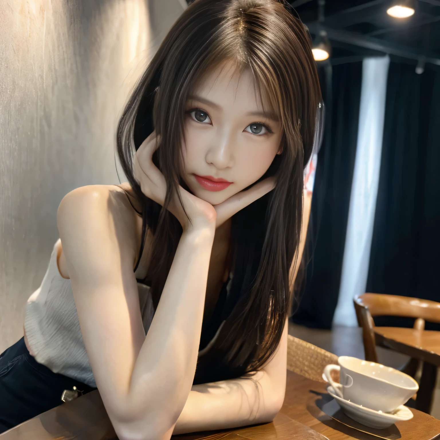 (Ultra-realistic), (figure), (High resolution), (8k), (Very detailed), (Best figure), (Beautiful and detailed), (highest quality), (Super detailed), (masterpiece), (wallpaper), (Detailed face), alone, One Girl, whole body, Spectators Gazing, Beautiful eyes and mouth, Detailed face, bar counter, In the Dark, Modest, Pure Erotic Face Ace_v1, smile, Long Hair, Dark blonde hair, bangs, underwear, Sitting in a chair, Beautiful Teeth, Blushing, A captivated look,