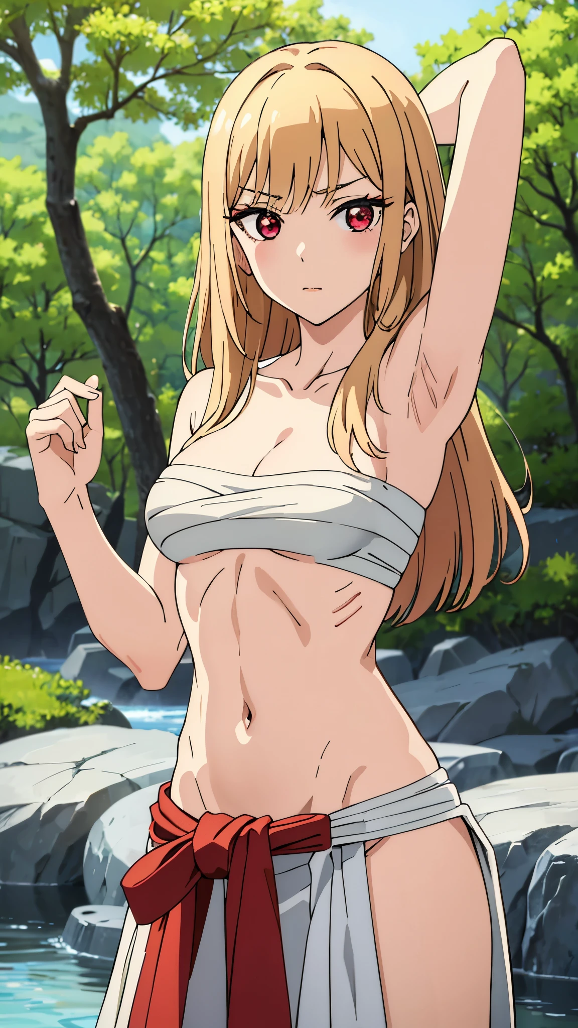 masterpiece, highres, solo, 8k, detailed, perfect face, best quality, (ultra high quality), (looking at viewers), (armpit), collarbone, bare arms, big breast, cleavage, blonde hair, long hair, red eyes, belly, stomach, navel, abs, sarashi chest, bandaged breast, white bandage, (red hakama), slim body, upper body, emotionless, flat face, at forest, hand up