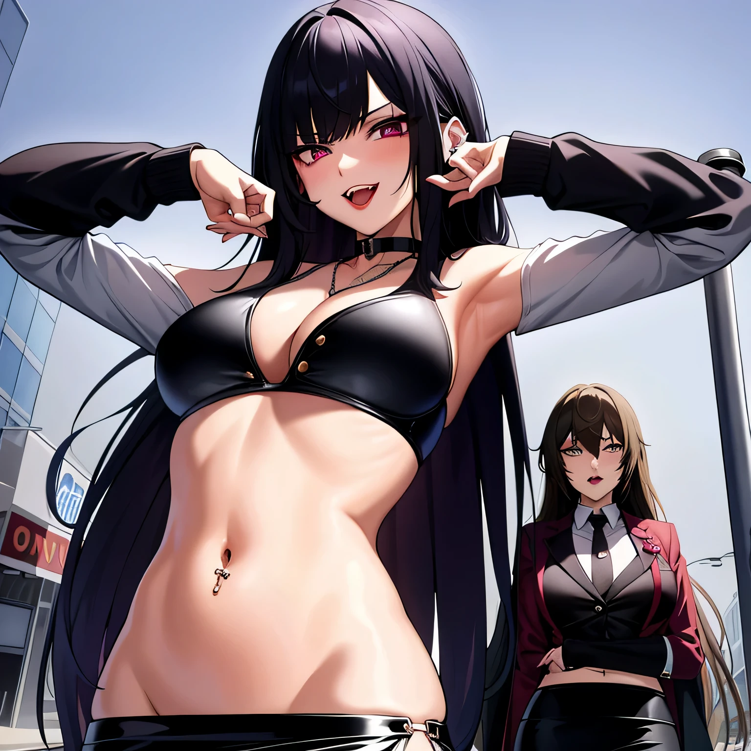 2girl, two girl, long hair, jewelry,, choker, lipstick, makeup, nail polish, cross necklace, masterpiece, best quality, highly detailed, a girls with a gun, open mouth, blazer, sexy gaze, (nsfw) not
safe for work, badass pose , evil smile, smile, black bra, anime girl with long hair, long haired girl,
navel, evil expression, exposed belly, exposed navel, exposed midriff, exposed lower belly, micro
miniskirt, micro pencil skirt, pencil skirt ,holding a gun, outdoor,street,road, navel piercing