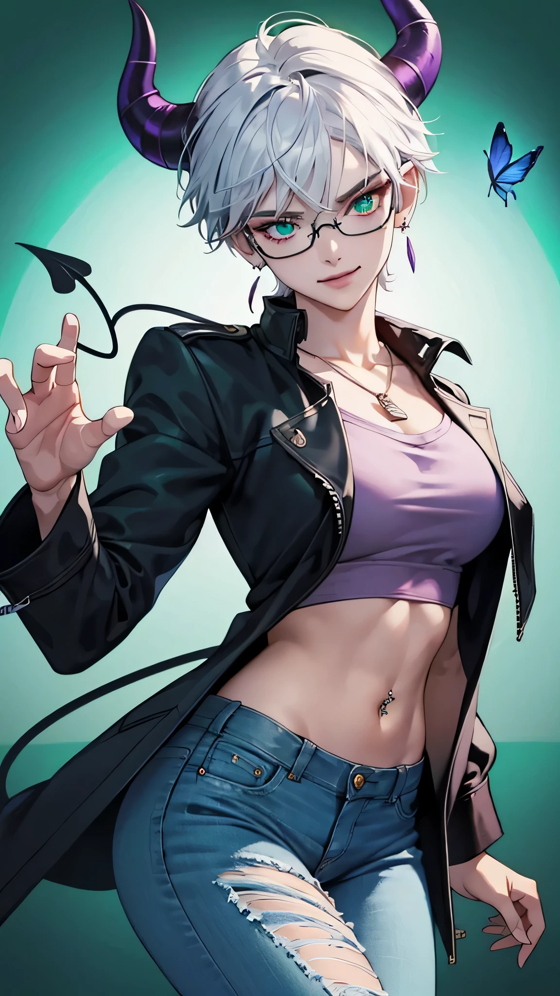 8k, masterpiece, best quality, highly detailed, 1girl, tiefling, doctor, stethoscope, white doctor coat, multicolored hair, very short straight hair green highlight hair on white hair, strippled hair, wearing glasses, earrings, necklace, mole, glowing green eyes, glamorous, hospital, teal and purple, butterfly, skinny jeans, high heels, navel piercing, villainy, smirk, seductive pose, close up view, rings, looking at viewer, demon horns, standing, medical equipment.