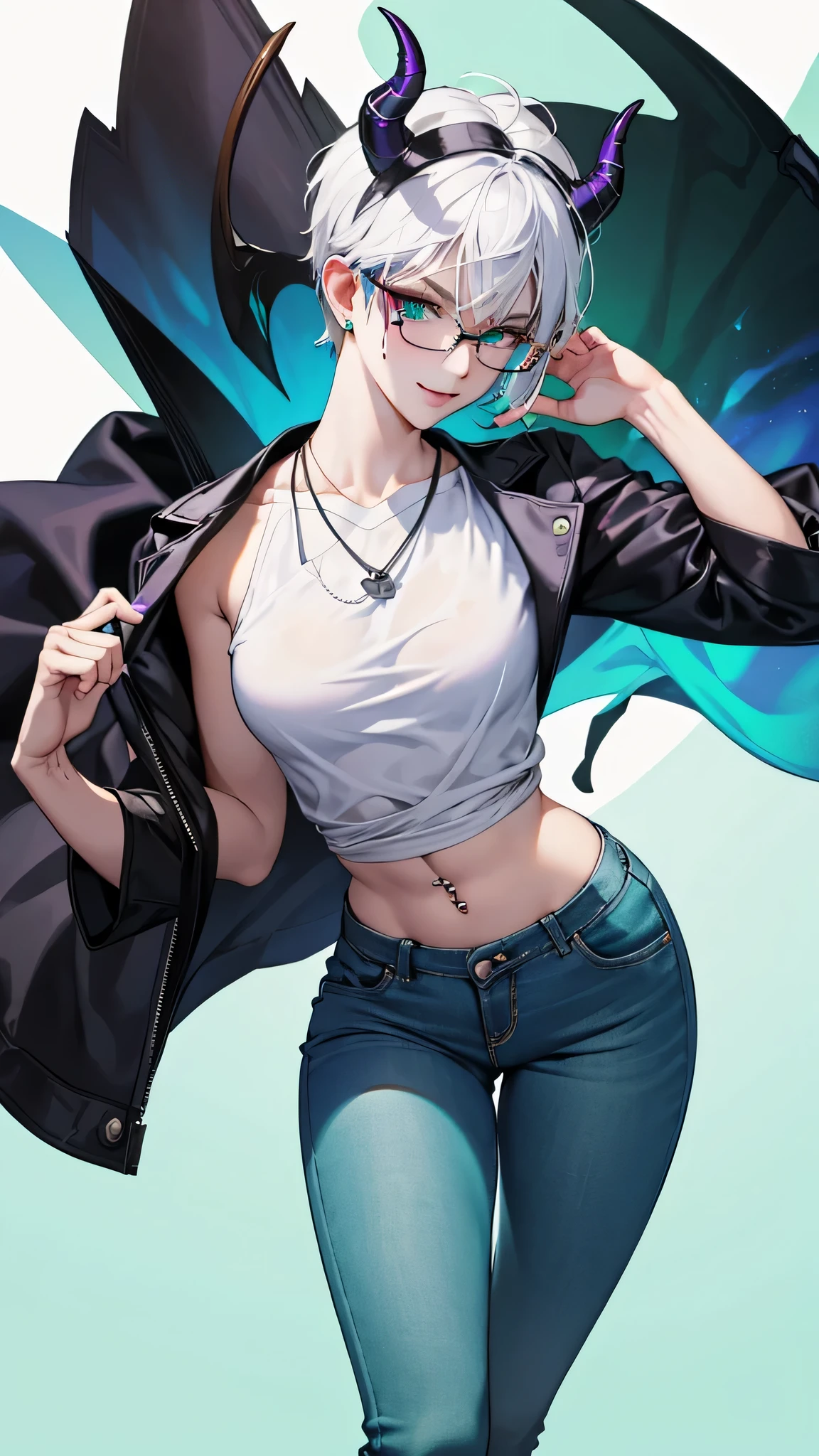 8k, masterpiece, best quality, highly detailed, 1girl, tiefling, doctor, stethoscope, white doctor coat, multicolored hair, very short straight hair green highlight hair on white hair, strippled hair, wearing glasses, earrings, necklace, mole, glowing green eyes, glamorous, hospital, teal and purple, butterfly, skinny jeans, high heels, navel piercing, villainy, smirk, seductive pose, close up view, rings, looking at viewer, demon horns, standing, medical equipment.