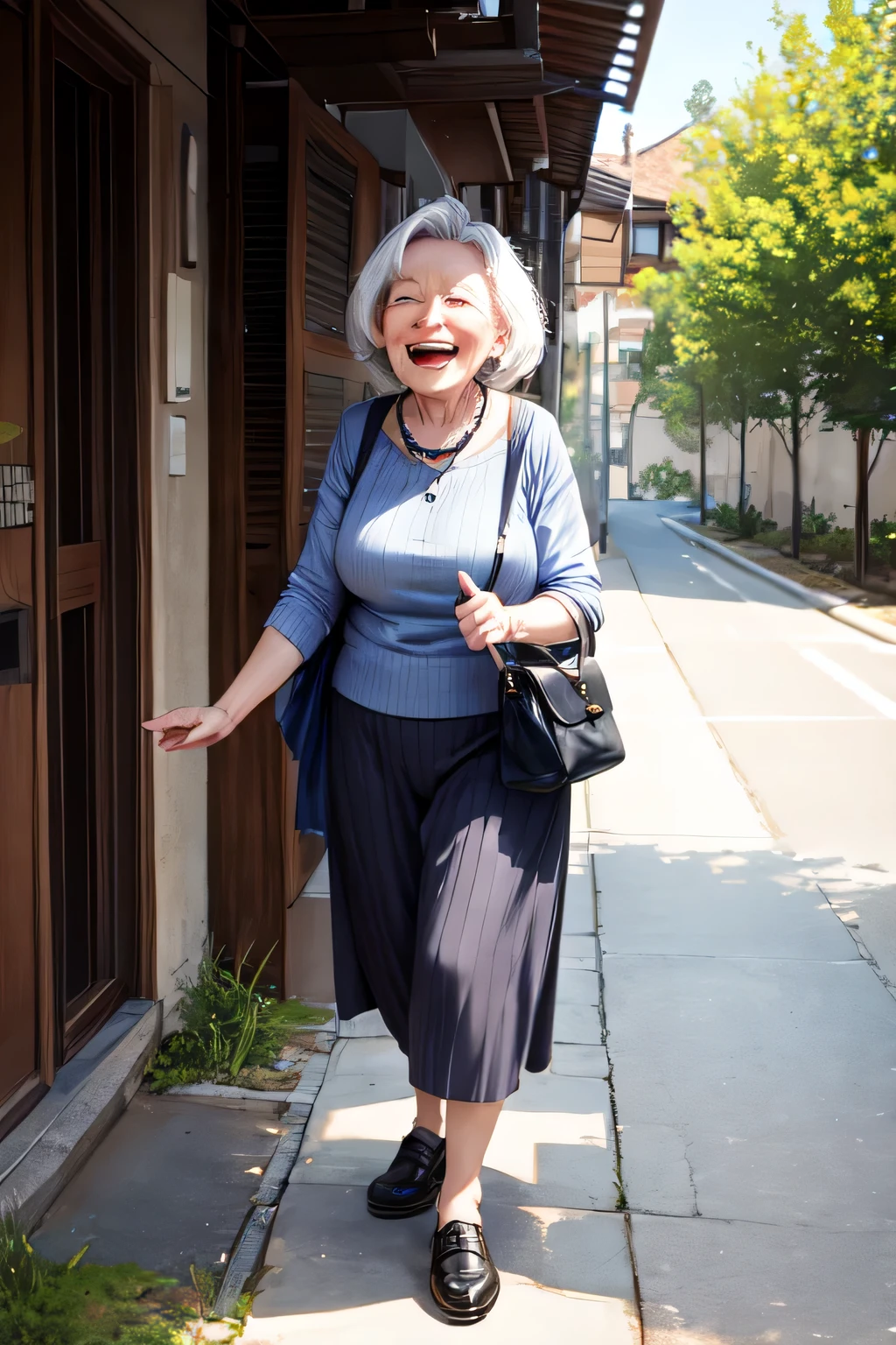 An old woman standing and laughing loudly