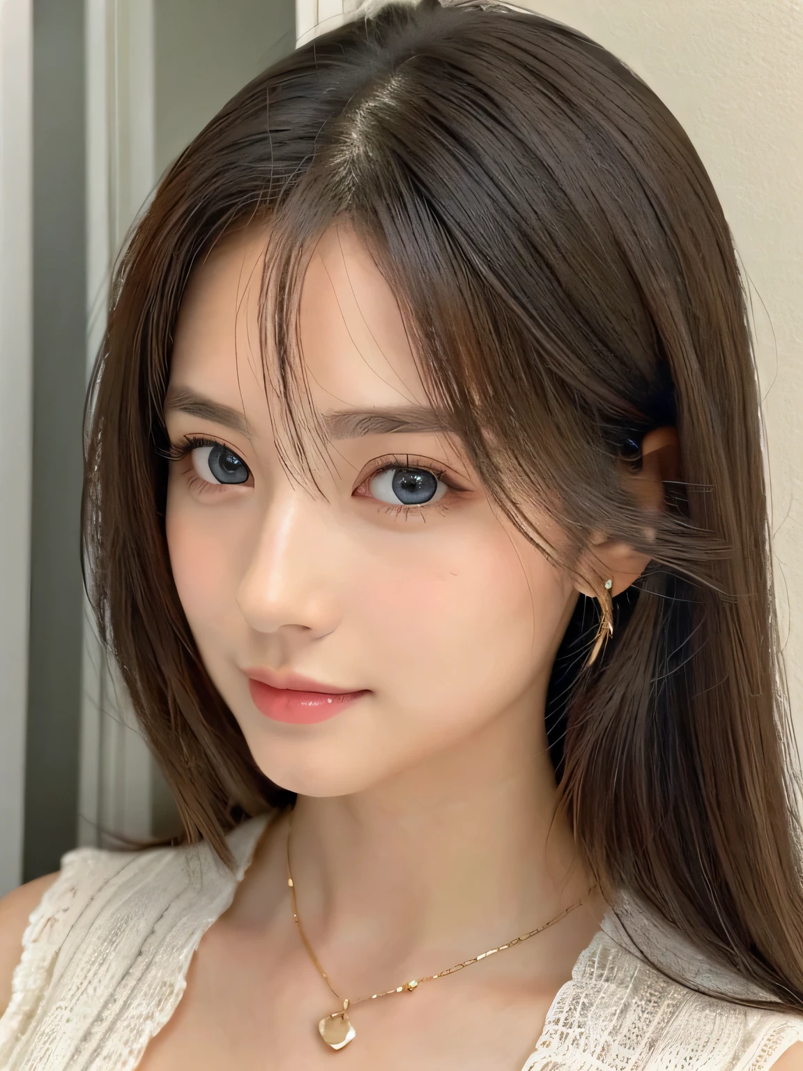 (((32ｋ,high details,high detail、masterpiece,attention to detail,alone))),Raw photo & realistic atmosphere,beautiful dark blue eyes,detailed mouth,glossy lips,thin eyebrows,fine eyes、Soft white skin that shines in every detail、her deep black eyes are so beautiful,lip details、very beautiful face,very well-shaped face、lifelike face,shining beautiful lips,beautiful eyebrows,infinite reality, Realistic young idol sculpture,she&#39;she&#39;she&#39;she&#39;she&#39;she&#39;she&#39;she&#39;very cute woman , idol sculpture, young idol sculpture, Very beautiful and cute 22 year old beauty,incredibly beautiful and classy，22 year old beauty,natural soft light,（shiny hair,,Beautiful and kind eyes：1.5）,gentle smile,well-shaped chest,long hair,beautiful posture,no makeup,