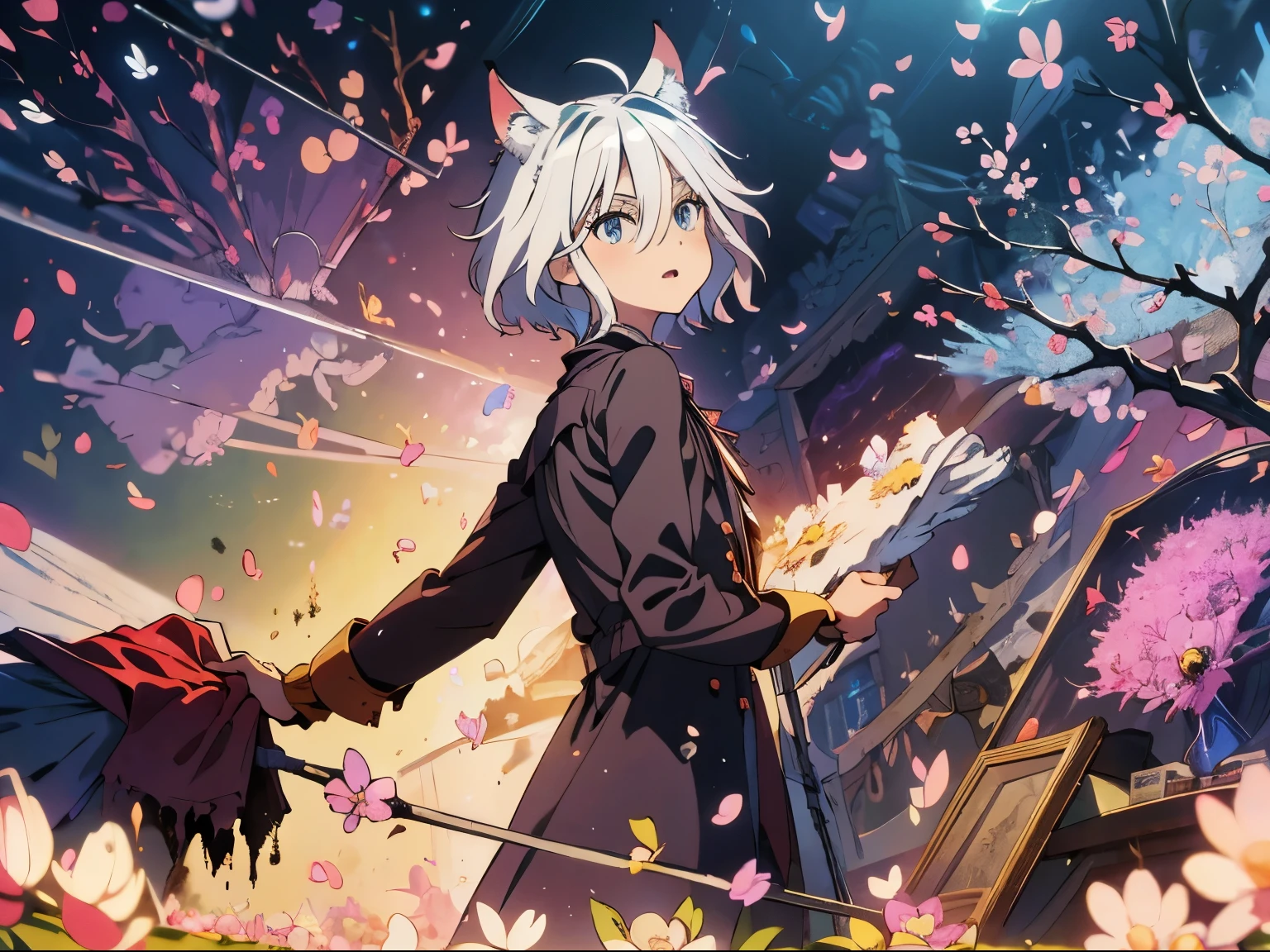 (highest quality), (masterpiece), 1080p, hd, 4k, 8K, masterpiece, A world where magic and technology coexist, (boy),cat ears teenager(gray hair, short hair) ,Hone your skills,Go on a journey to uncover the secrets of power, beautiful eyes、depicted in detail. The magician makes the most of the potential of his abilities.....,We must learn how to unlock the true potential of modern magic,grim expression, (dirty room:1.9),(spring cleaning:1.9),lightly dressed