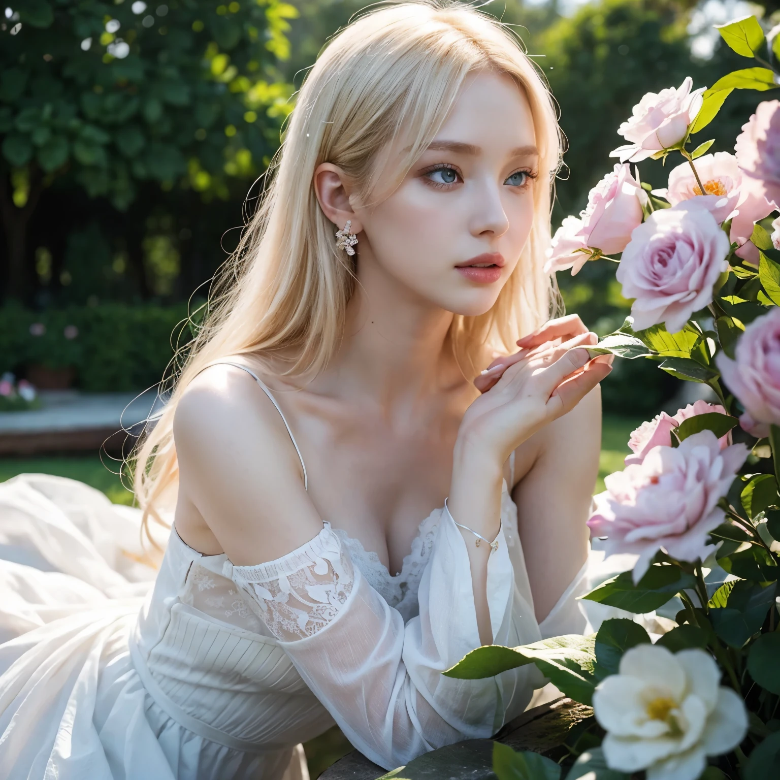 masterpiece, Ultra realistic, 16k, high quality, incredibly detailed, dream aesthetic, dream atmosphere, cinematic, work of art, (sharp focus: 1.5), (photorealistic: 1.3), featured (Beautiful hot girl), pretty delicate girl (Princess), cinematic, detailed, 16k sharp focus, realistic. Gorgeous. Seductive. Natural pale-blond hair (realistic texture), illuminated silky and shiny hair, detailed hair (realistic), (natural) very pale-golden hair. gorgeous detailed face (charming seductress). framing her pale, (pale-white skin) alabaster skin that seems to glow ethereally. Her attire is goth. Voluptuous form. Turquoise blue eyes (intense eyes look). A symmetrical face ::2 goth clothes + trending on artstation + fantasy art + realistic cloth + fractals in the background, flowing hair --aspect 9:21 --uplight his otherworldly beauty. realistic skin texture, pale-white skin illuminated. realistic perfect shading. absurdres, realistic textures. solo, alone, 1girl. looking at viewer. female muscular body, toned body, defined muscles. Large natural breasts, cleavage. pantyhose, a (white) royal queen dress adorned in gold (realistic texture). In Different positions at different angles. Day background. unbelievably real, best quality, Photorealistic.