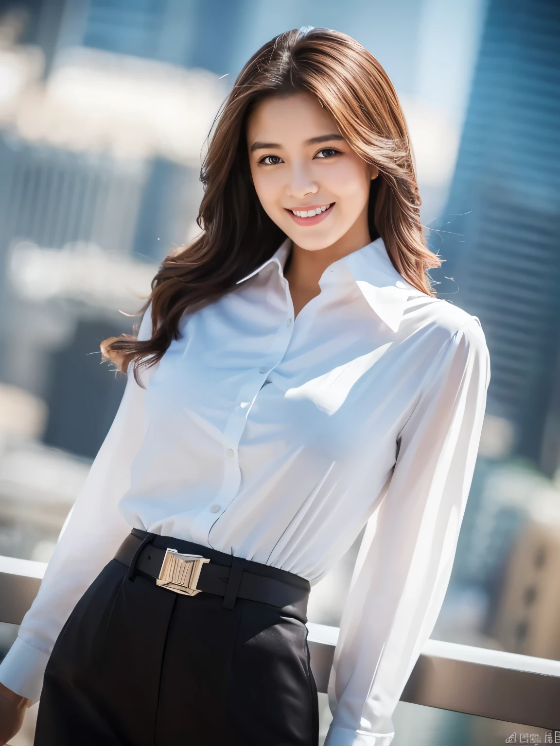 ((Best quality, 8k, Masterpiece: 1.3)), 1 girl, smiling, full body, slim face, pretty woman, Medium dark brown hair, white crisp shirt on the upper body, black straight suit pants on the upper body, High heels, super detailed face, detailed eyes, double eyelids, blurred background, slim face, skyscrapers, waist shot,