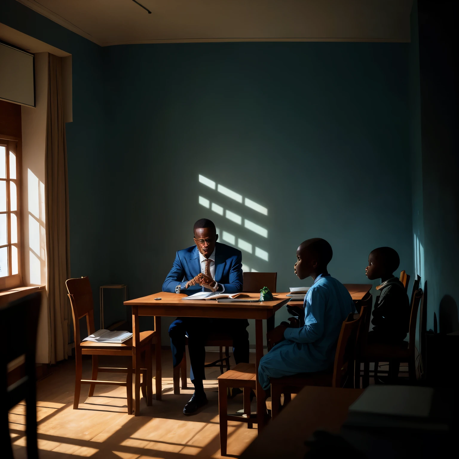 A Nigerian man, deep in concentration, instructs curious children about the intricacies of forex trading in a dimly lit room. The man's facial features are sharp and focused, his eyes reflecting the dim glow of the few sources of light in the room. The children, dressed in various shades of blue and white, sit attentively on worn-out chairs, eager to absorb the knowledge being imparted. The room's ambiance is moody, with long shadows cast by the few rays of light and the sound of rustling papers and hushed conversations creating an atmosphere of learning and discovery. The scene is rendered in high-definition, with every crease on the man's face and