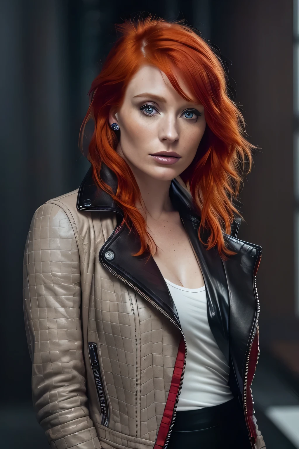 a photo of a seductive woman with loose styled ( red chanel hair:1.1), bryce dallas howard, dark blue eyes, bored, she is wearing a black leather jacket and leggings, mascara, white skin, (textured skin, skin pores:1.1), goosebumps, flawless face, (light freckles:0.9), ((photorealistic):1.1), (raw, 8k:1.3), 