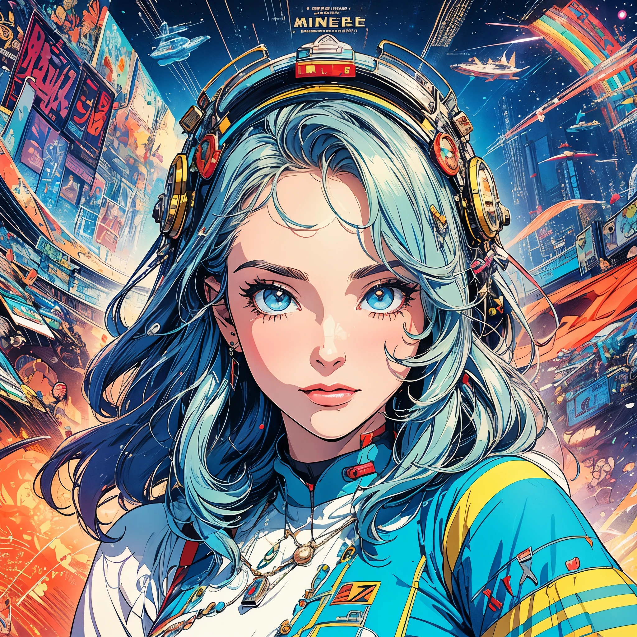 (best quality, 32k, very detailed beautiful woman), poster, sci-fi, 1960s, 1970s, Bauhaus, shape, abstract, promotional, movie poster, vintage, retro, futuristic, anime, ultimate map, perfect rainbow, highlights, extremely detailed eyes, various angles