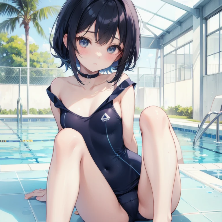 anime girl in a navy school swimwear sitting on the ground next to a pool, Smooth anime CG art, is wearing a school swimwear, school swimwear, seductive anime girl, anime moe art style, Cute girl anime visual, wallpaper anime blue water, naughty anime style、cinematic lighting、highest quality、(1 female)、school swimwear、しゃがんでopen your legs、open your legs、school pool、black haired、butt、young face、baby face