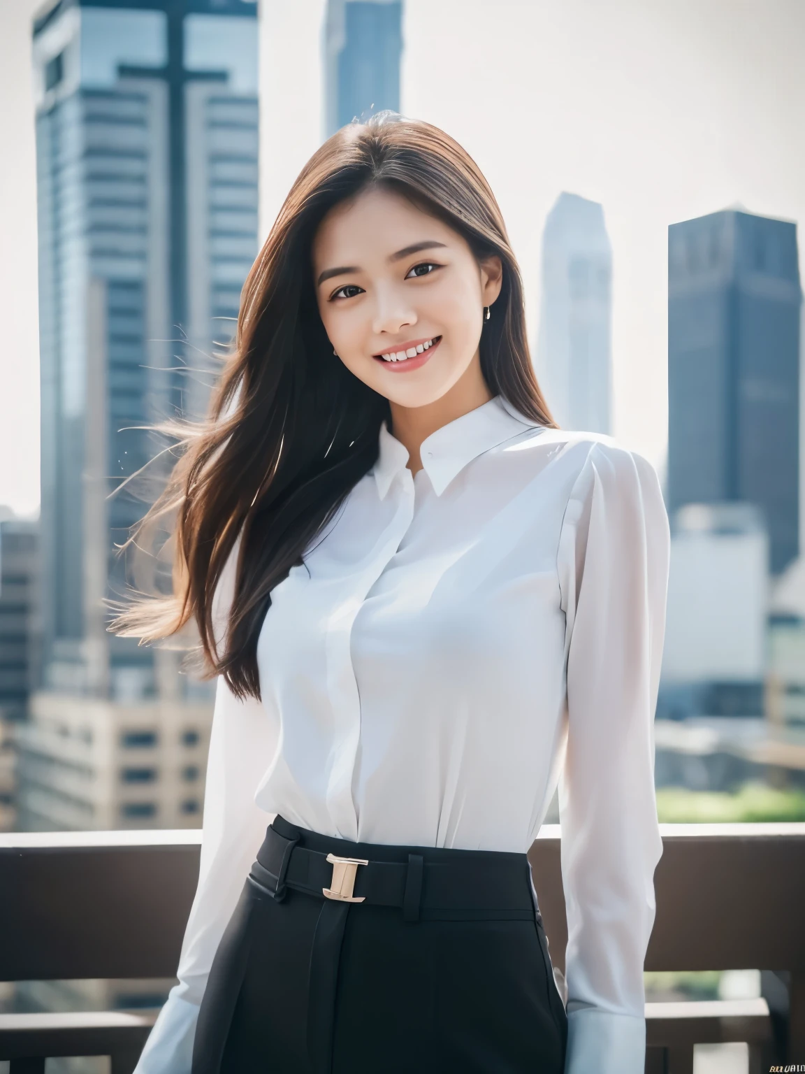 ((Best quality, 8k, Masterpiece: 1.3)), 1 girl, smiling, full body, slim face, pretty woman, Medium dark brown hair, white crisp shirt on the upper body, black straight suit pants on the upper body, High heels, super detailed face, detailed eyes, double eyelids, blurred background, slim face, skyscrapers, waist shot,