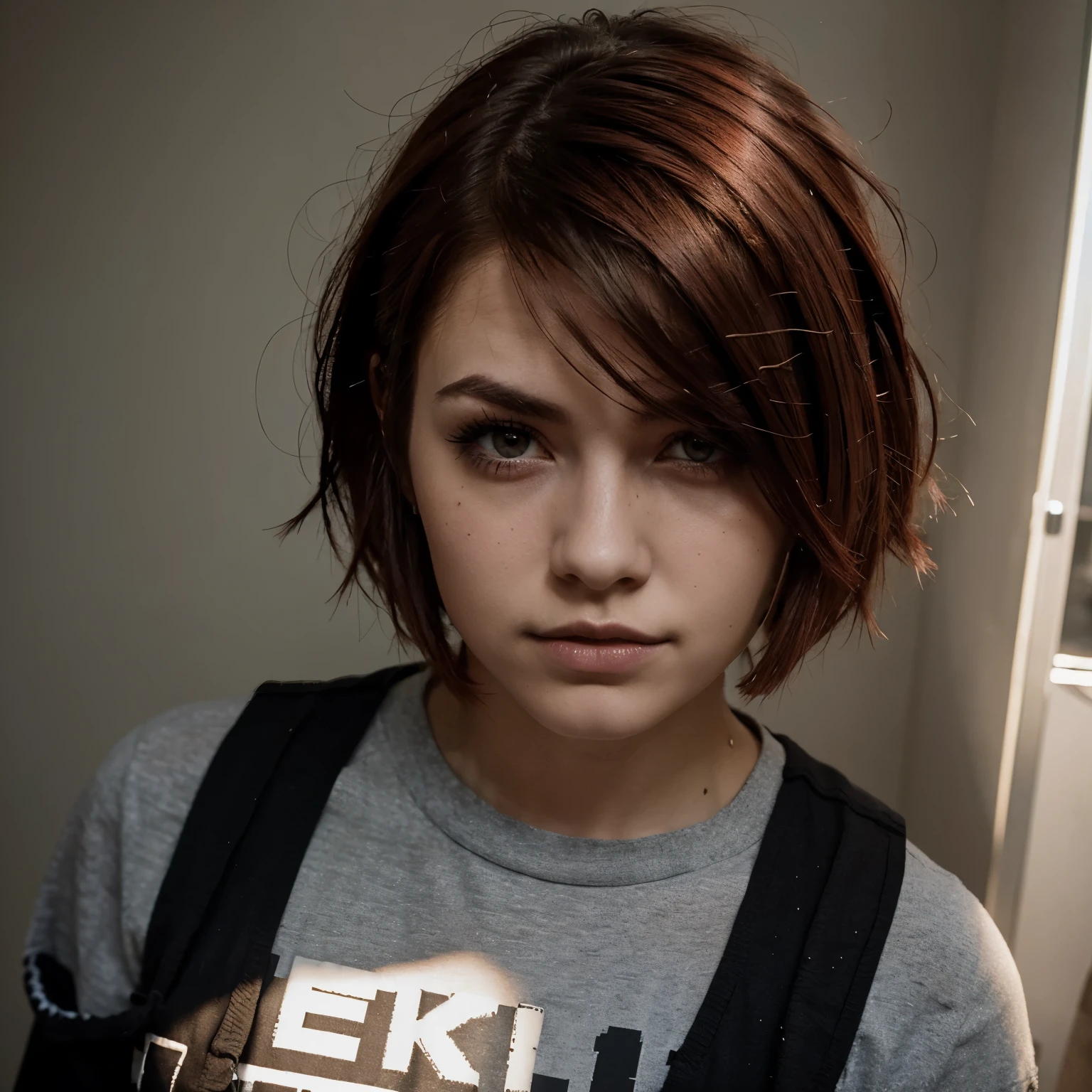 Chica grunge con alt makeup pelo corto con mechas rojas al frente pixel