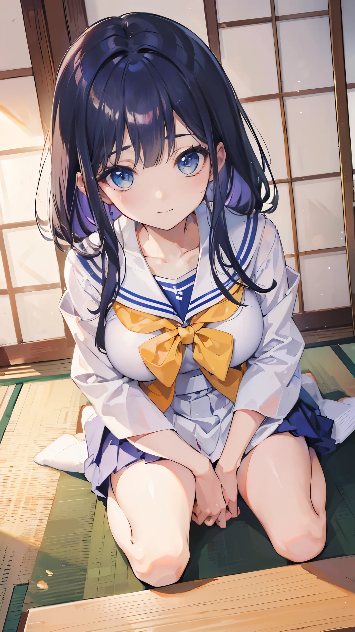 ((masterpiece, highest quality,High resolution,Super detailed drawing)), one girl,(fine eyes) colorful hair,shortcut,pastel colour, ((beauty, cute, 20-year-old, bangs, small smile)), (((big breasts,Japanese high school girl uniform))),(((Crouch 1.5)))underwear、
