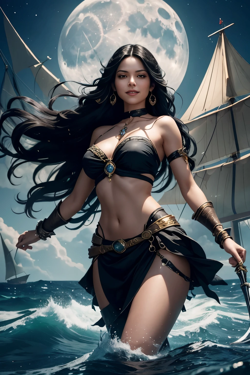 Create a stunning visual portrayal of a pirate woman with long flowing black hair that cascades down her back, reflecting the moonlight. Her face is adorned with a mischievous and captivating smile, hinting at her adventurous spirit. She is adorned with an array of exquisite jewelry and precious stones, which shimmer and glisten in the moonlit night. In one hand, she confidently wields a gleaming sword, symbolizing her prowess in combat. The scene is set on a mysterious pirate ship, with billowing sails and crashing waves, evoking a sense of thrilling adventure on the high seas.