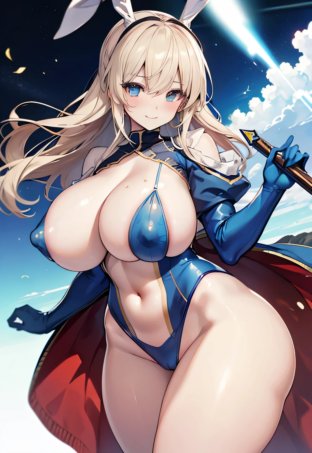 Erotic Anime Illustration、Highest image quality、Bitch gal knight who flatters men、blue costume、perfect proportions、clear eyes、Overwhelmingly big breasts beyond the norm、thick legs、Shimakaze、Artoria、blush and feel ashamed、smile、thick vagina、big nipples
