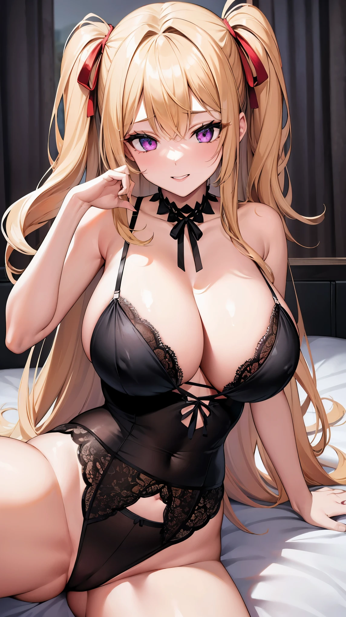 ((masterpiece)), ((best quality)), (ultra-detailed), ((extremely detailed)), 4K, (8K), best quality, (beautiful), 1 Girl, Blonde, Long Hair, Two Side Up, Red Ribbon, Purple Eyes, (Big Tits), Thighs, seductive smile, Sexy Black Lingerie, Panties Burying, Bust Up, Noise Reduction, Bare Legs, Beautiful Hands, Sit on the bed and open the legs, middle of night, Bedroom, Dark Room, Cowboy Shot