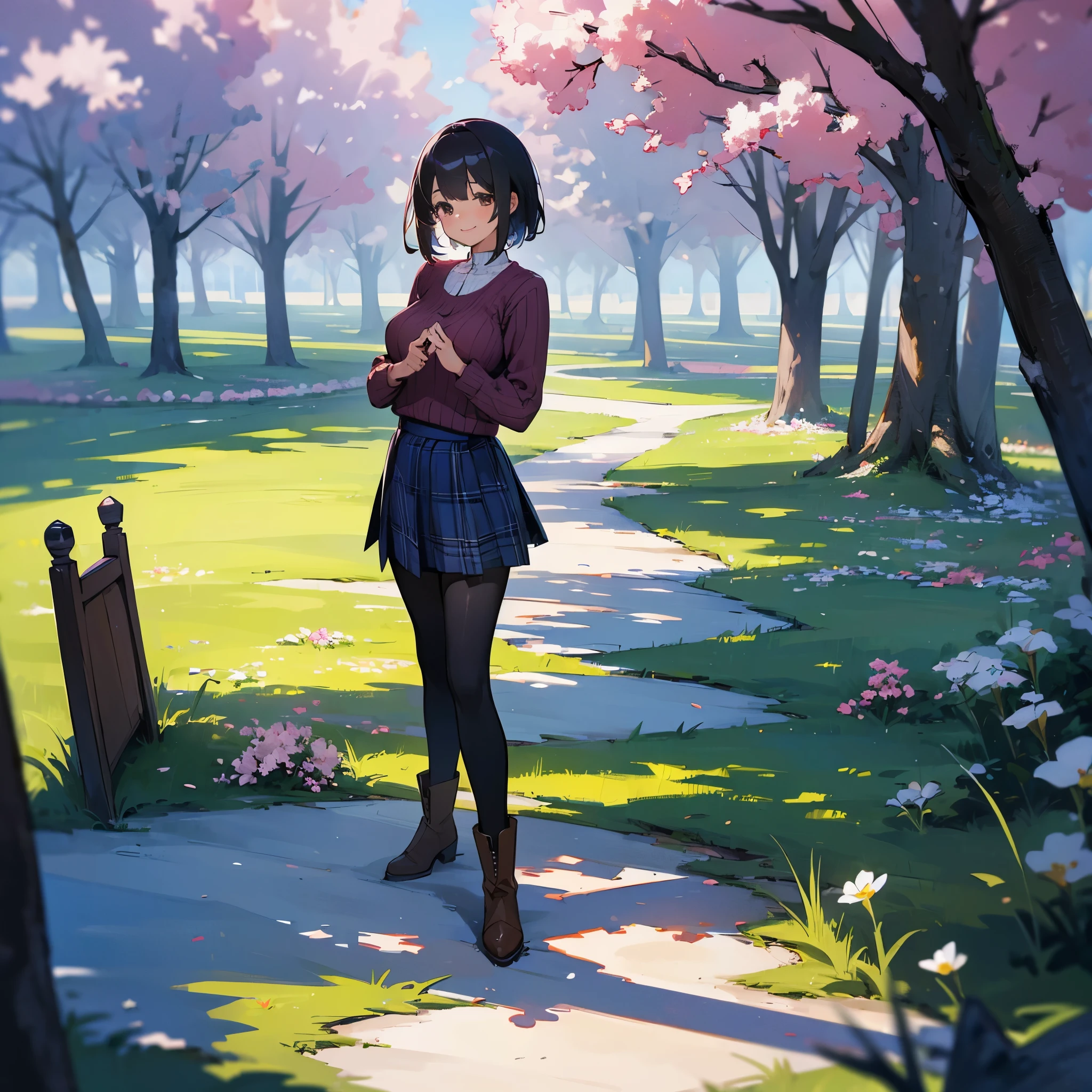 (high quality, High resolution, Super detailed, reality:1.37), peaceful atmosphere, (outdoor, garden ,Cherry tree), teenage girl standing alone, (my breasts are big.), Beautiful detail features, cute smile, (black bob hair), ribbed sweater, blue plaid skirt, black tights, brown boots.