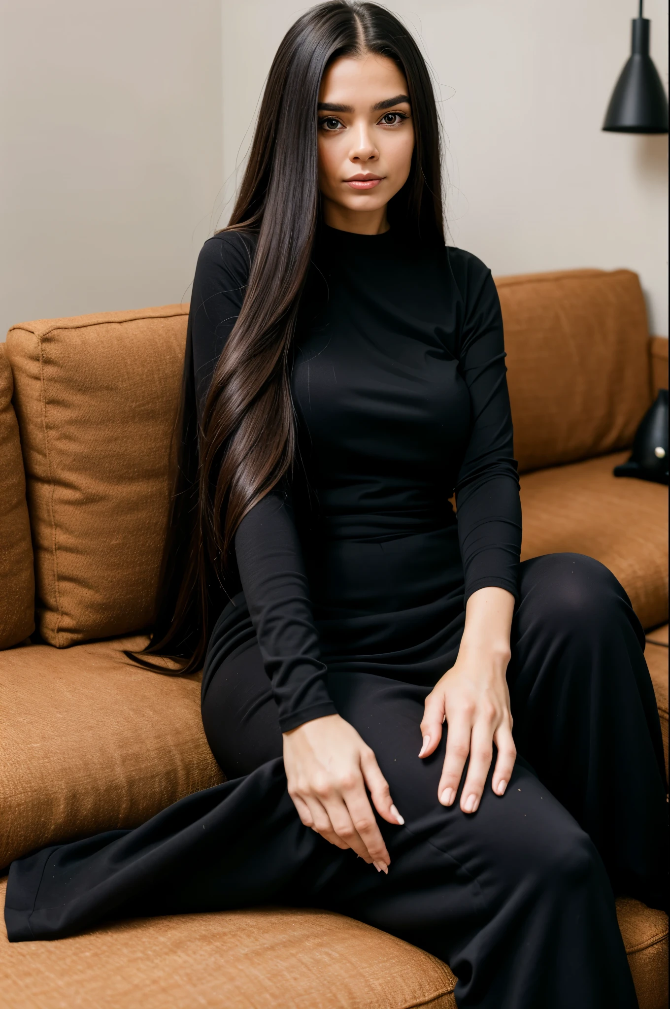 hazelmoore, a woman with long hair and a black shirt on a sofa, rostro 