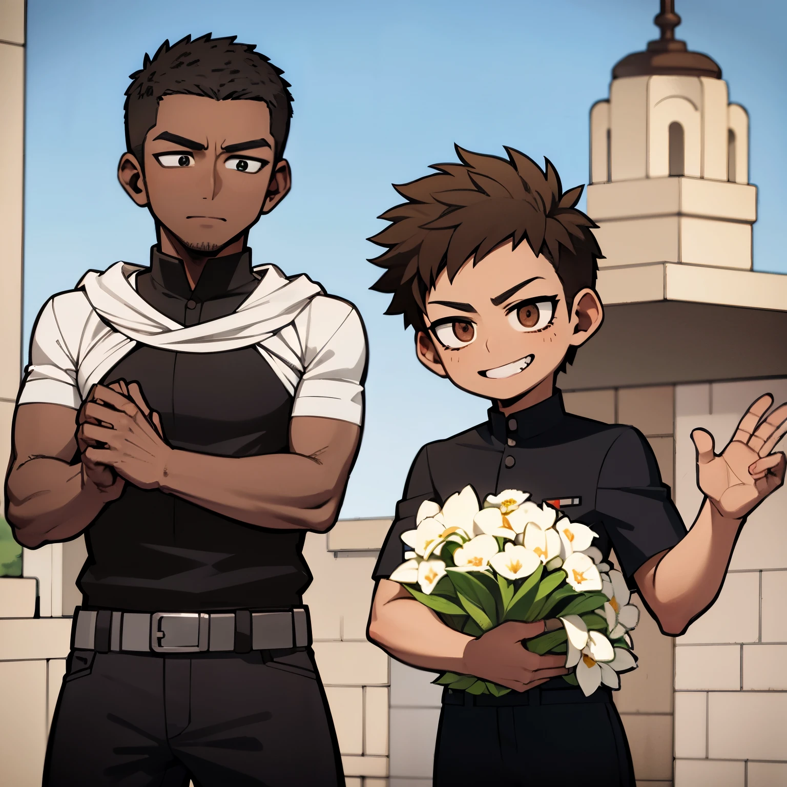 Brown skinned young adult man, with dark blonde short haircut, standing proud, wearing a hero costume inspired by my hero academia