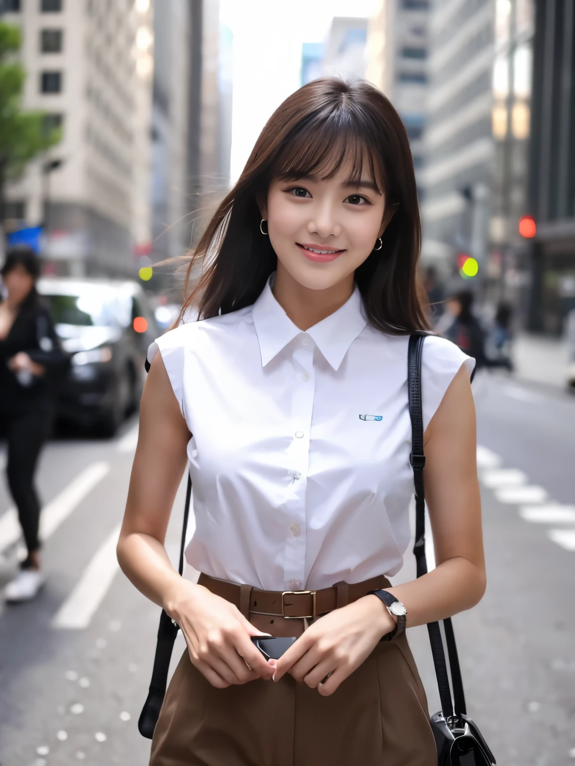 ((Best quality, 8k, Masterpiece: 1.3)), 1 girl, smiling, full body, slim face, pretty woman, Medium dark brown hair, white crisp shirt on the upper body, black straight suit pants on the upper body, High heels, super detailed face, detailed eyes, double eyelids, blurred background, slim face, skyscrapers, waist shot,