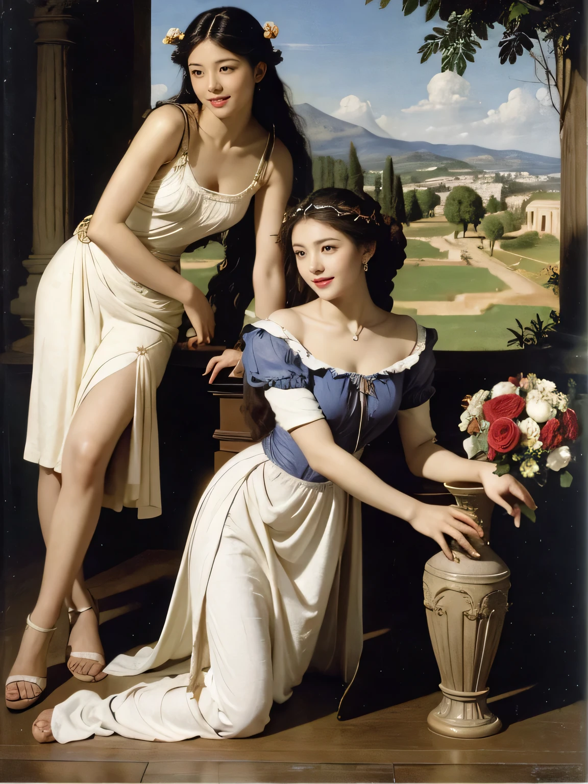 full body portrait or statue、Giorgione painting style,Arguments of two female Philosophe,math、astronomical machine、astronaut、roses in vase、fruits、Cute trinkets、smile、ancient greek costume、Ancient Roman landscape in the style of Nicolas Poussin,laughter,,Sweet and seductive appearance.、Caravaggio's paintings、Chiaroscuro of Caravaggio、hair tousled by the wind,Two women frolicking,cute smile, expression of ecstasy,Sexy,erotic