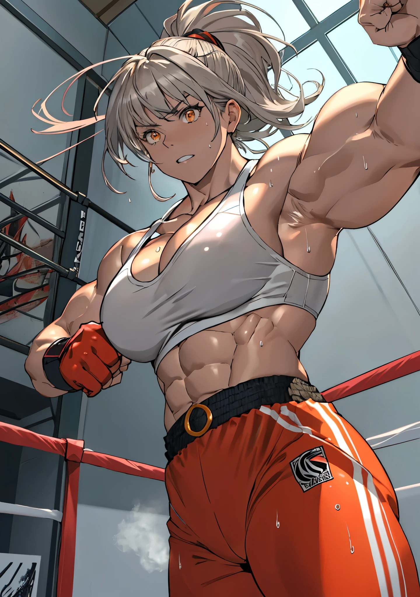 masterpiece, ultra quality, Beautiful detailed, extremely detailed,16K, exquisite, absurdity, highres, Beautiful background, Beautiful eye, Beautiful skin, anime style, 1woman,solo, (from below, from below),
Cheddar Team, trapezius muscle, deltoids, forearm muscles, abs, oblique muscle, latissimus dorsi, Hamstring, muscle, clavicle, orange eyes, gray hair, trimmed bangs,:1.1 Ponytail, fluttering hair, wild hair, anger, attack pose:1.2, pulsating feeling, sense of speed, boxing gloves, play sports often, Huge breasts that hang heavy:1.3, bouncy breasts:1.3, cleavage, Sweat, Wet, ボクシングのringの背景, indoor, ring, light up