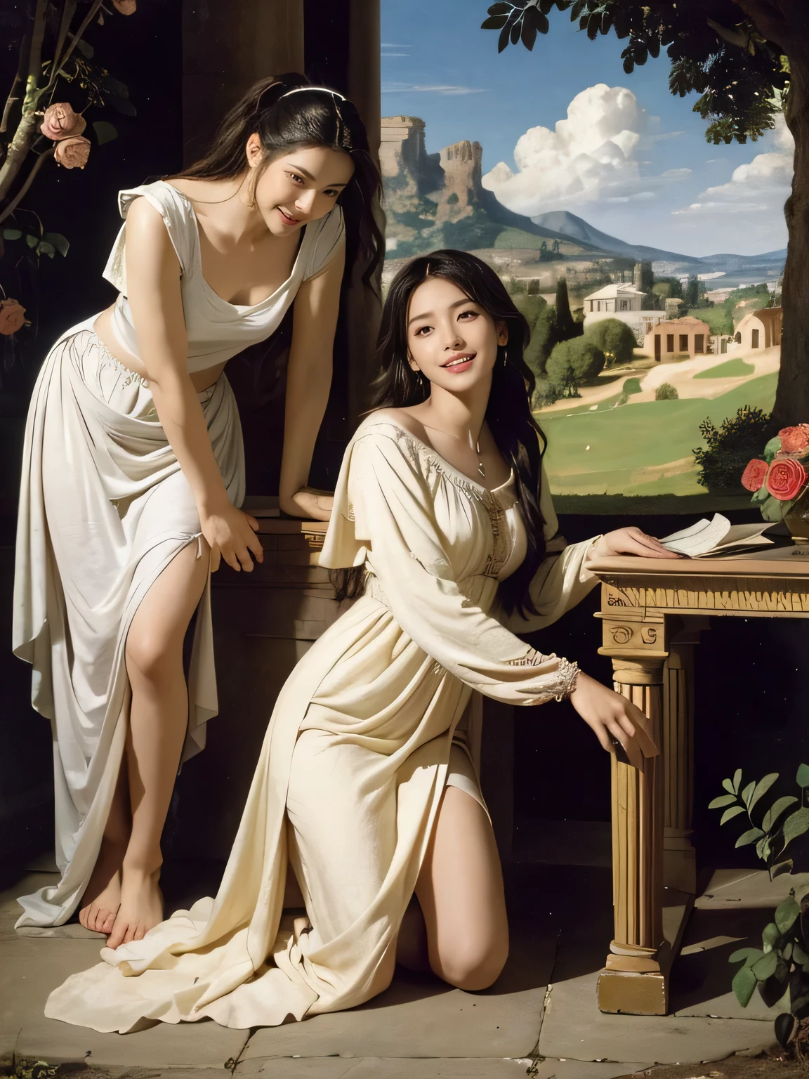 full body portrait or statue、Giorgione painting style,Arguments of two female Philosophe,math、astronomical machine、astronaut、roses in vase、fruits、Cute trinkets、smile、ancient greek costume、Ancient Roman landscape in the style of Nicolas Poussin,laughter,,Sweet and seductive appearance.、Caravaggio's paintings、Chiaroscuro of Caravaggio、hair tousled by the wind,Two women frolicking,cute smile, expression of ecstasy,Sexy,erotic