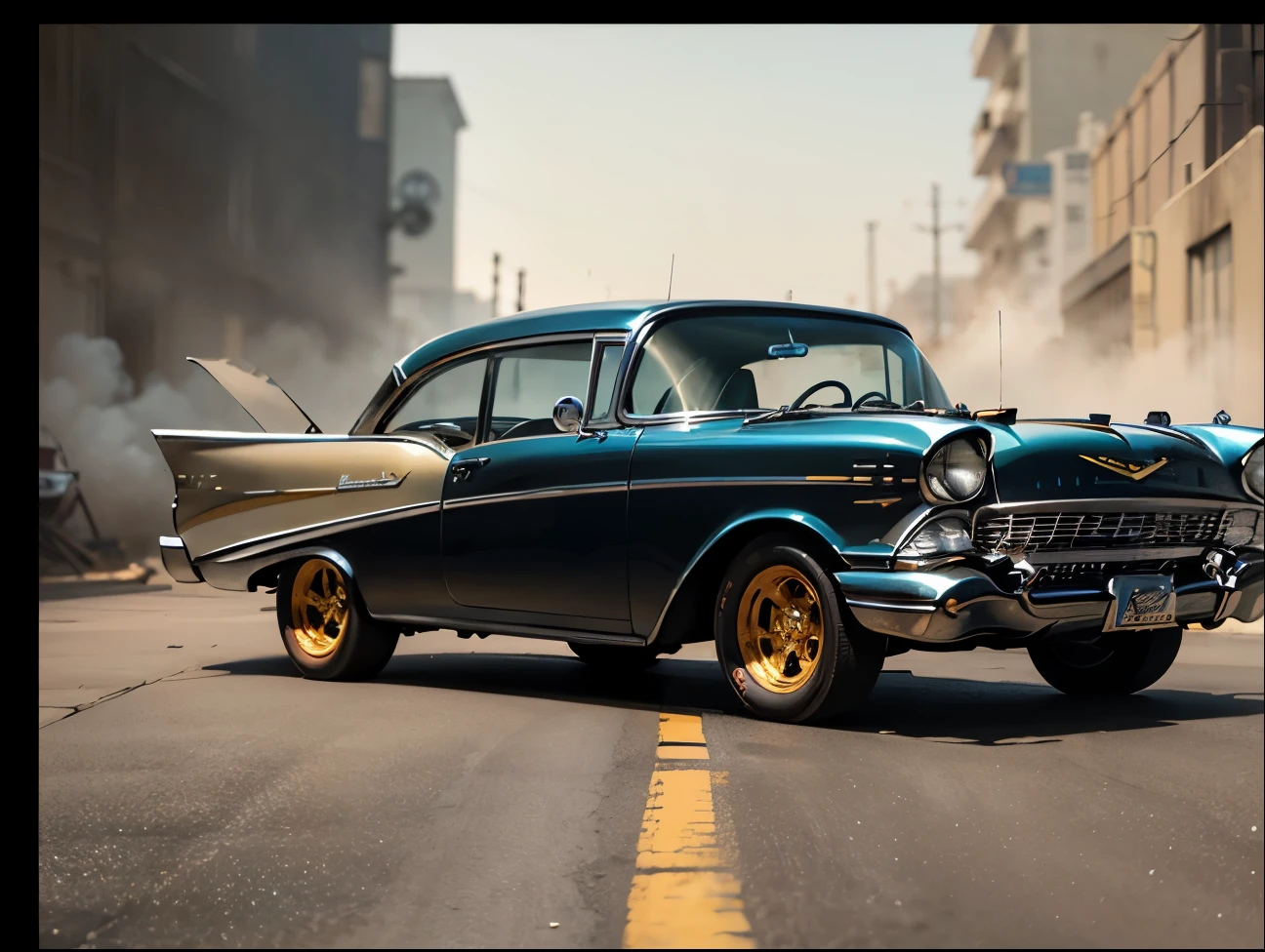 ("1959 Chevrolet Bel Air"), "hotrod" COR PRETO METALICO reflexivo, GOLDEN WIDE STAR WHEEL is on fire, front wheels are small, rodas pequenas, rear wheels are too large, rodas traseiras big, dentro de uma garagem com paredes brancas, diagonal camera