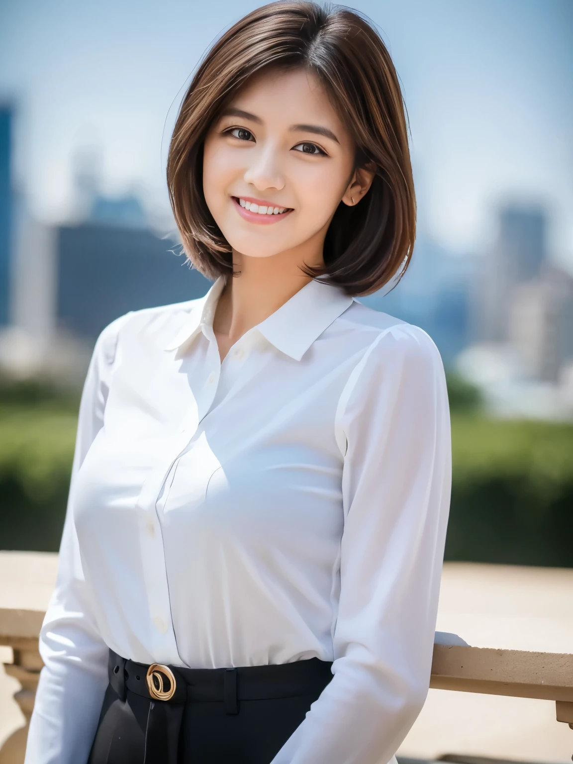 ((Best quality, 8k, Masterpiece: 1.3)), 1 girl, smiling, full body, slim face, pretty woman, Medium dark brown hair, white crisp shirt on the upper body, black straight suit pants on the upper body, High heels, super detailed face, detailed eyes, double eyelids, blurred background, slim face, skyscrapers, waist shot,