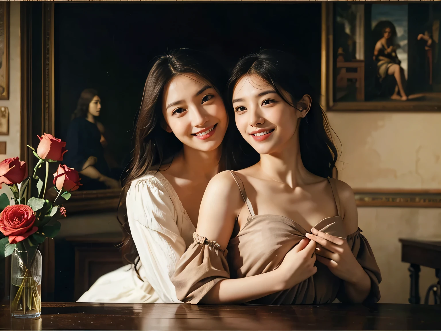 full body portrait ,fruit,Rose ,flower,rosa,antique,laughter,,sweet and enchanting appearance.、caravaggio painting、Caravaggio's Chiaroscuro,two women having fun,cute smile, expression of ecstasy