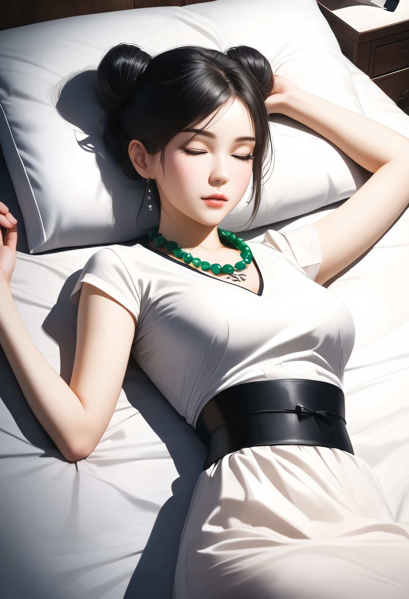 Beautiful Chinese woman, in a white long dress, with black hair in a bun with bangs and a headband, eyes closed lying on a bed, top view, on white silk sheets, with a jade necklace around her neck, a chest tattoo above a waist belt, photo realistic, portrait photography, shot in the style of a Sony A7 III camera.