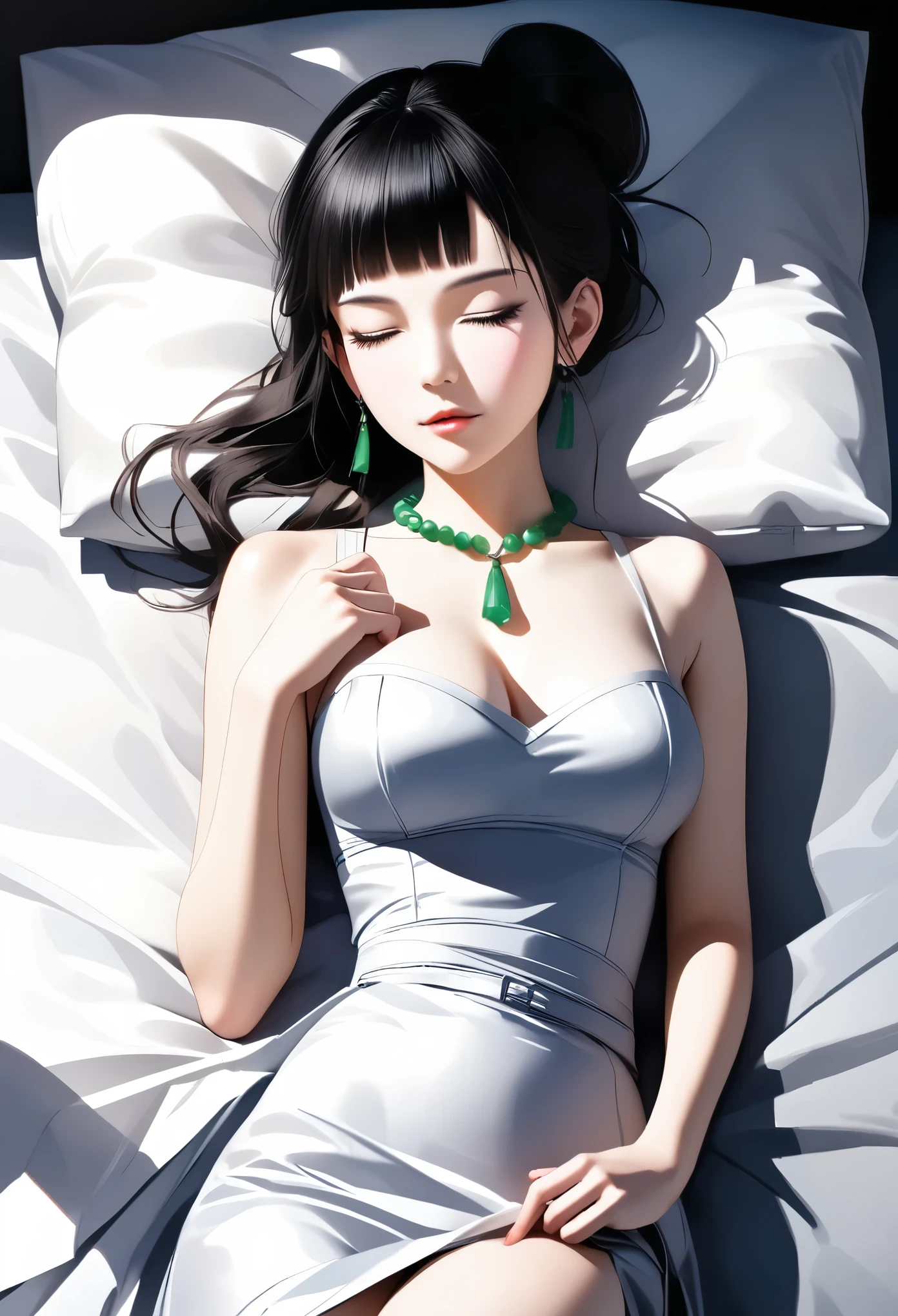 Beautiful Chinese woman, in a white long dress, with black hair in a bun with bangs and a headband, eyes closed lying on a bed, top view, on white silk sheets, with a jade necklace around her neck, a chest tattoo above a waist belt, photo realistic, portrait photography, shot in the style of a Sony A7 III camera.