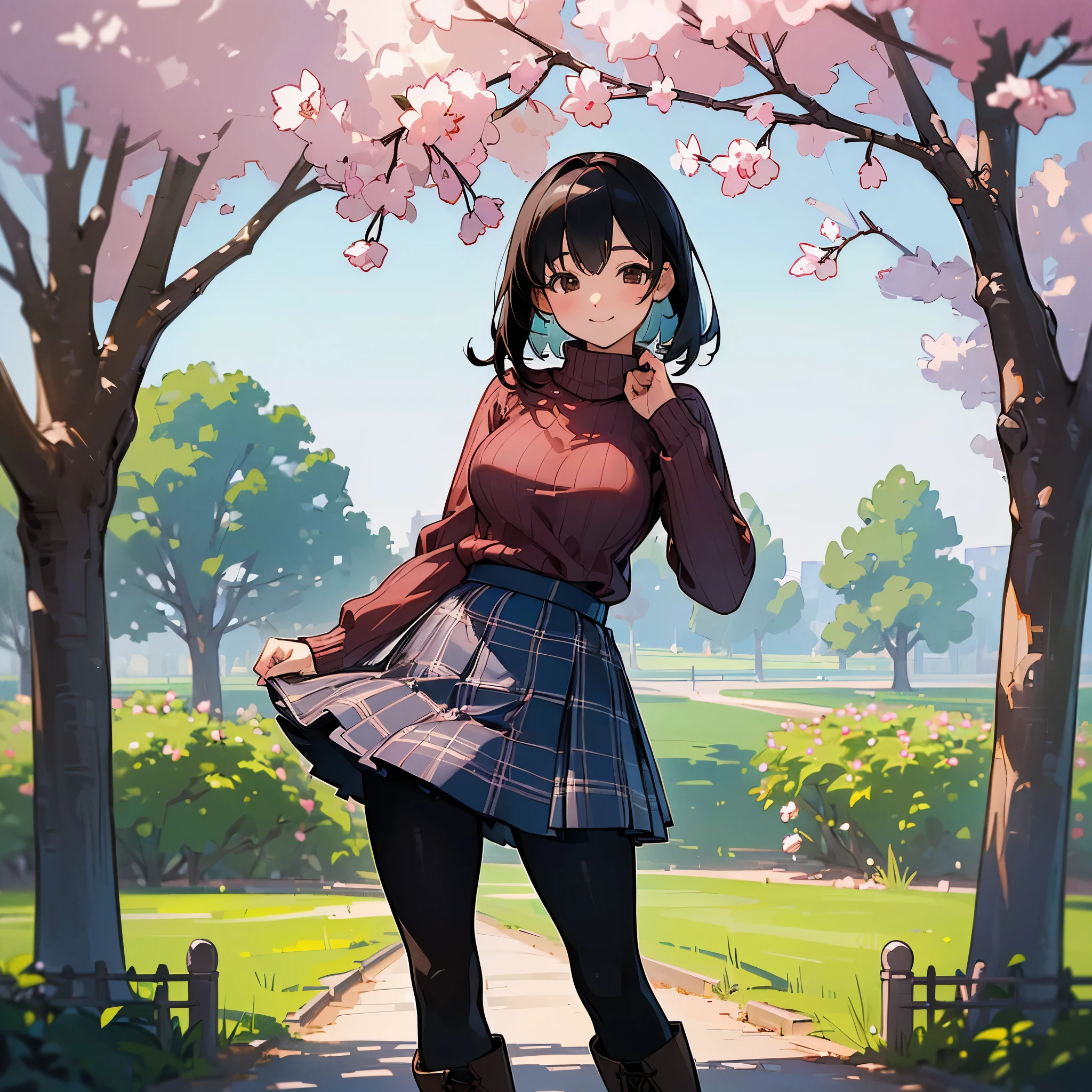 (high quality, High resolution, Super detailed, reality:1.37), peaceful atmosphere, (outdoor, garden ,Cherry tree), teenage girl standing alone, (my breasts are big.), Beautiful detail features, cute smile, (black bob hair), ribbed sweater, blue plaid skirt, black tights, brown boots.