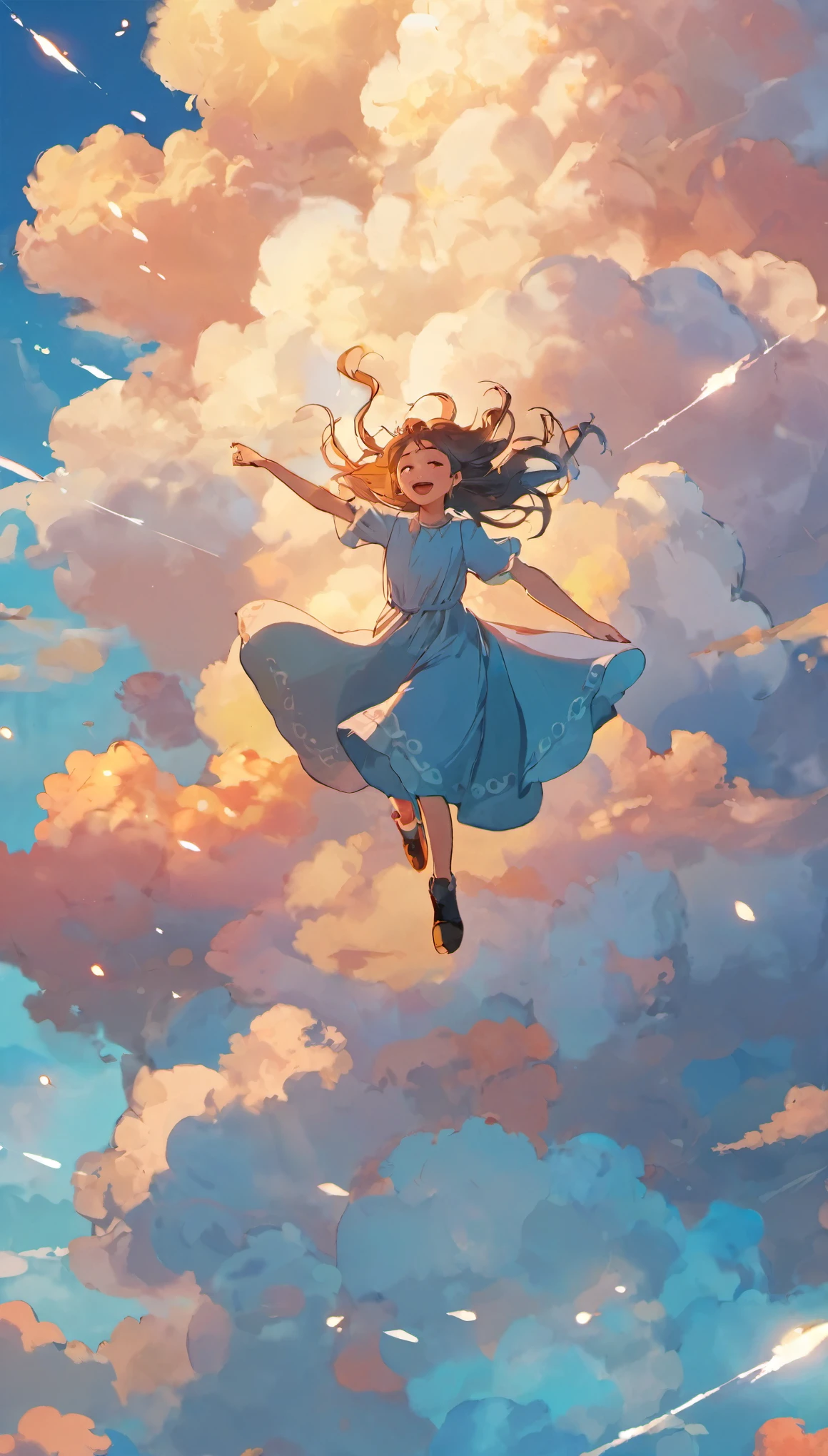 masterpiece, highest quality, movie stills, 1 girl, Cloud Girl, floating in the sky, close, bright, Happy, warm and soft lighting, sunset, (spark:0.7)