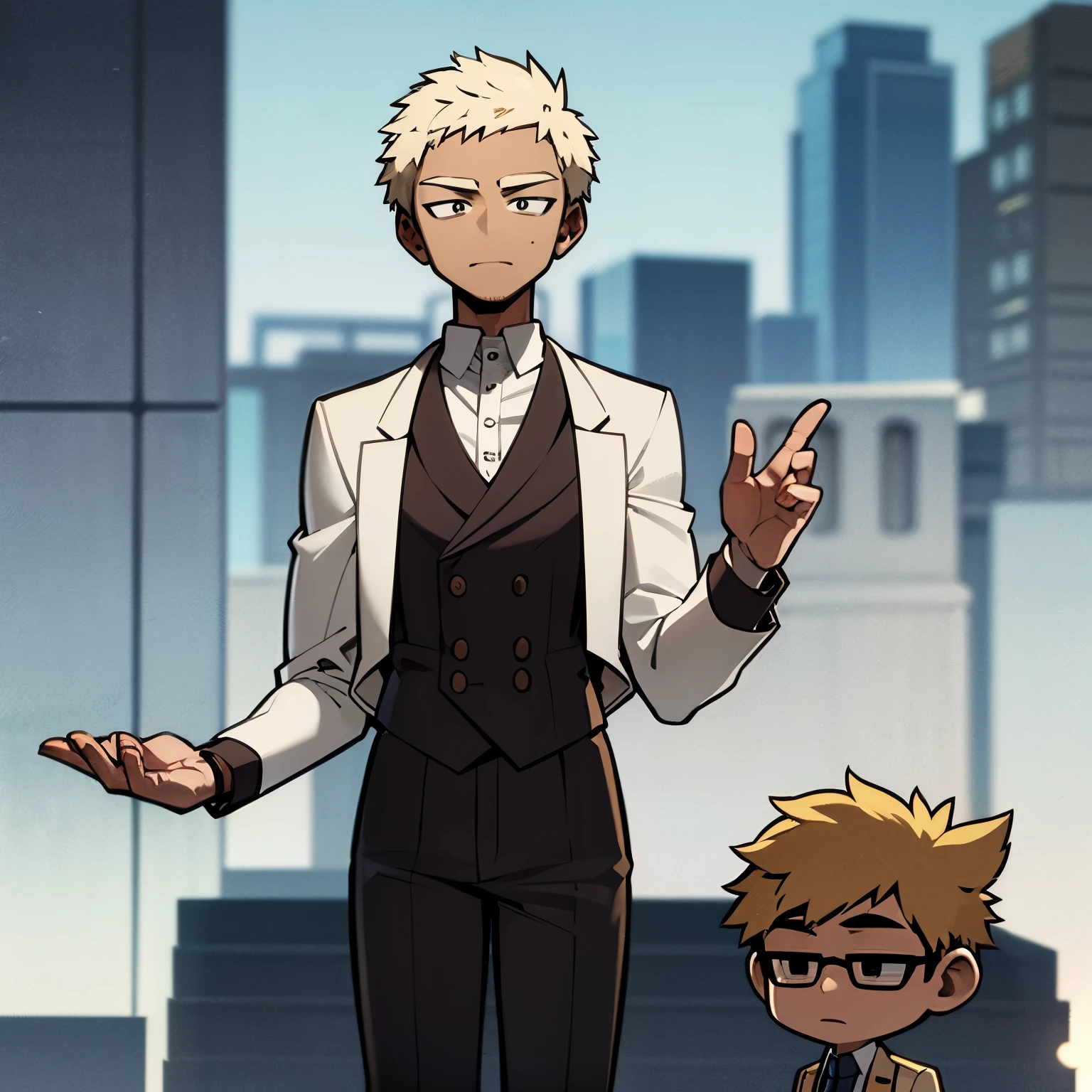 Brown skinned young adult man, with blonde short haircut, standing proud, wearing a hero costume inspired by my hero academia