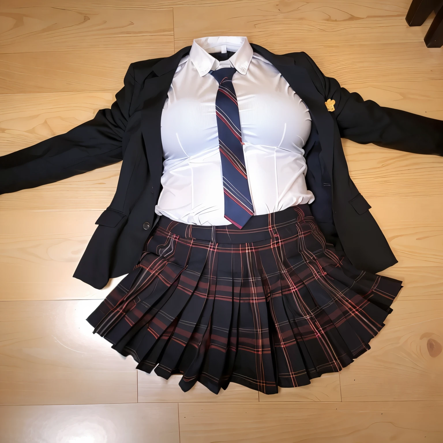 school clothes lying on floor, stripe tie, plaid skirt, chubby, fat, (invisible, no humans, headless, faceless:1.5), cute big breasts