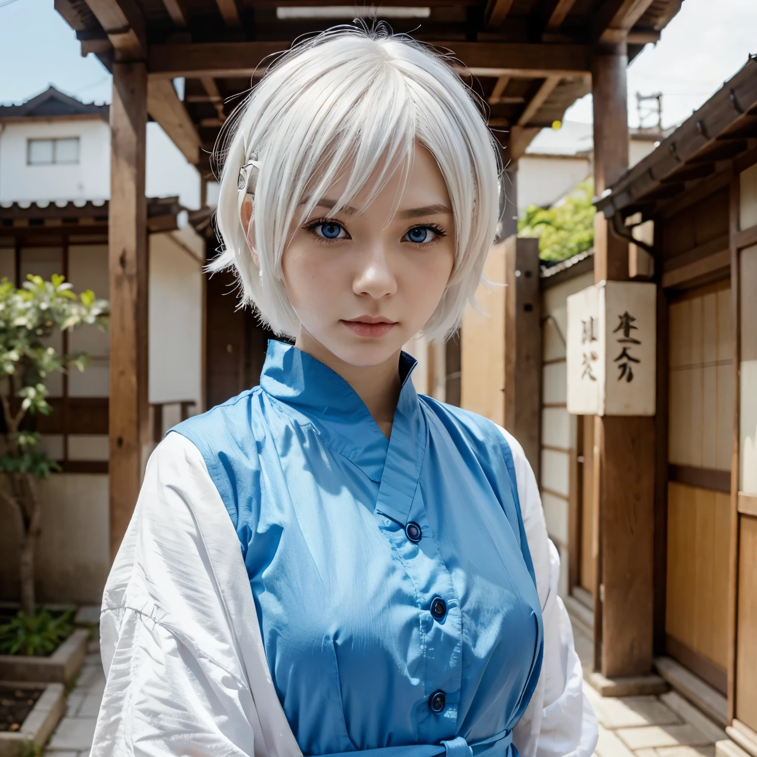 Anime girl short white hair blue eyes japanese  nanga style 