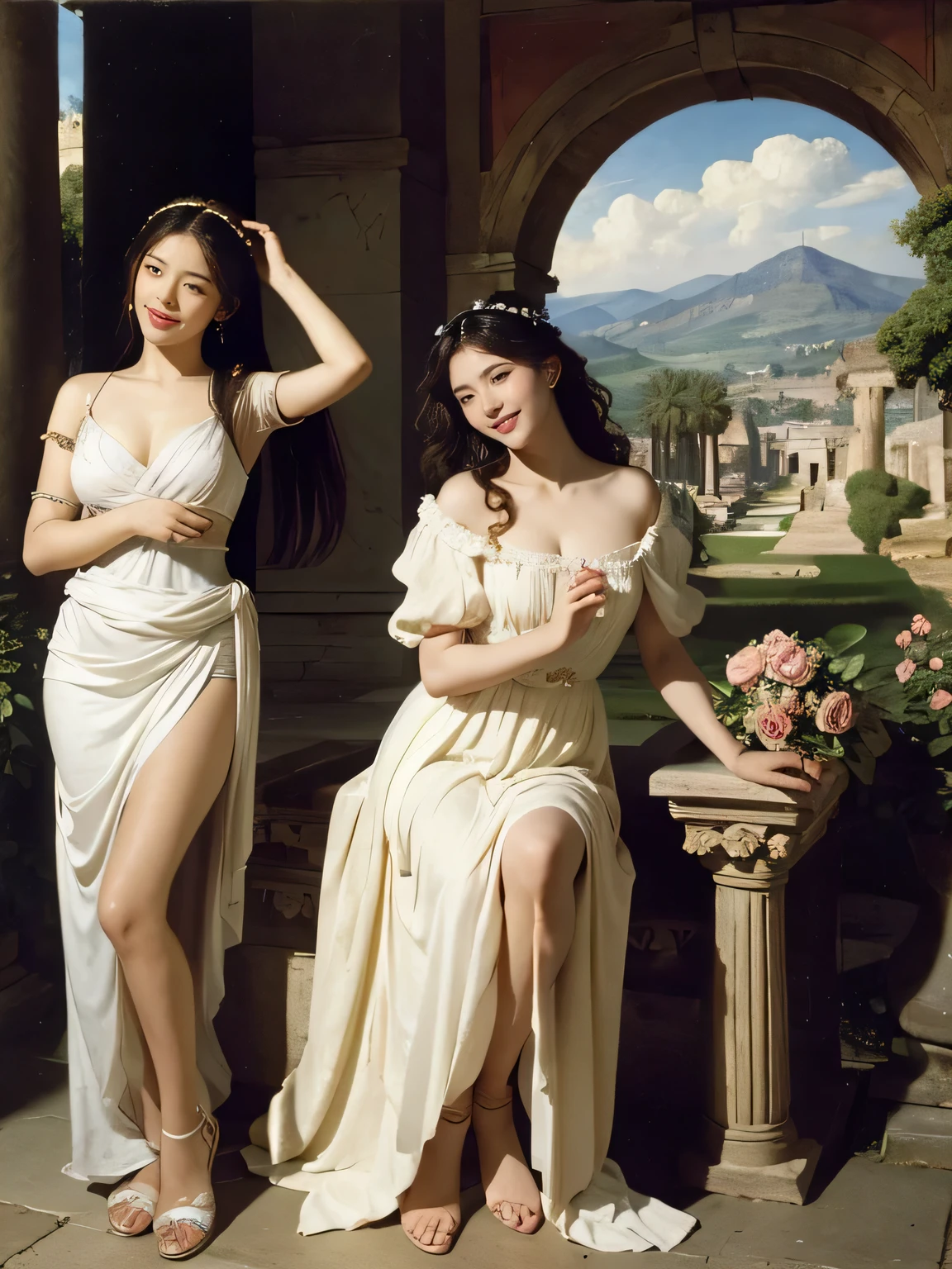 full body portrait or statue、Giorgione painting style,Arguments of two female Philosophe,math、astronomical machine、astronaut、roses in vase、fruits、Cute trinkets、smile、ancient greek costume、Ancient Roman landscape in the style of Nicolas Poussin,laughter,,Sweet and seductive appearance.、Caravaggio's paintings、Chiaroscuro of Caravaggio、hair tousled by the wind,Two women frolicking,cute smile, expression of ecstasy,Sexy,erotic