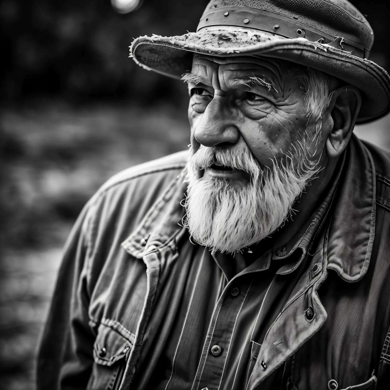Elderly man with a pickaxe, ((rugged appearance)), ((realistic depiction)), cabello canelo, faces grey with wisdom,((wearing old work clothes)), ((strong and sturdy build)), pose steady and confident, pickaxe in hand, ((focus on hands and tool)), natural lighting, high contrast, intricate details, ((worn and weathered face)), vintage filter, Fujifilm GFX 10S, 102MP, monochrome, Sigma 50mm f1.4 Art Lens, ISO 200, 1/200s, vintage style, masterpiece, ultra-high definition, black and white,