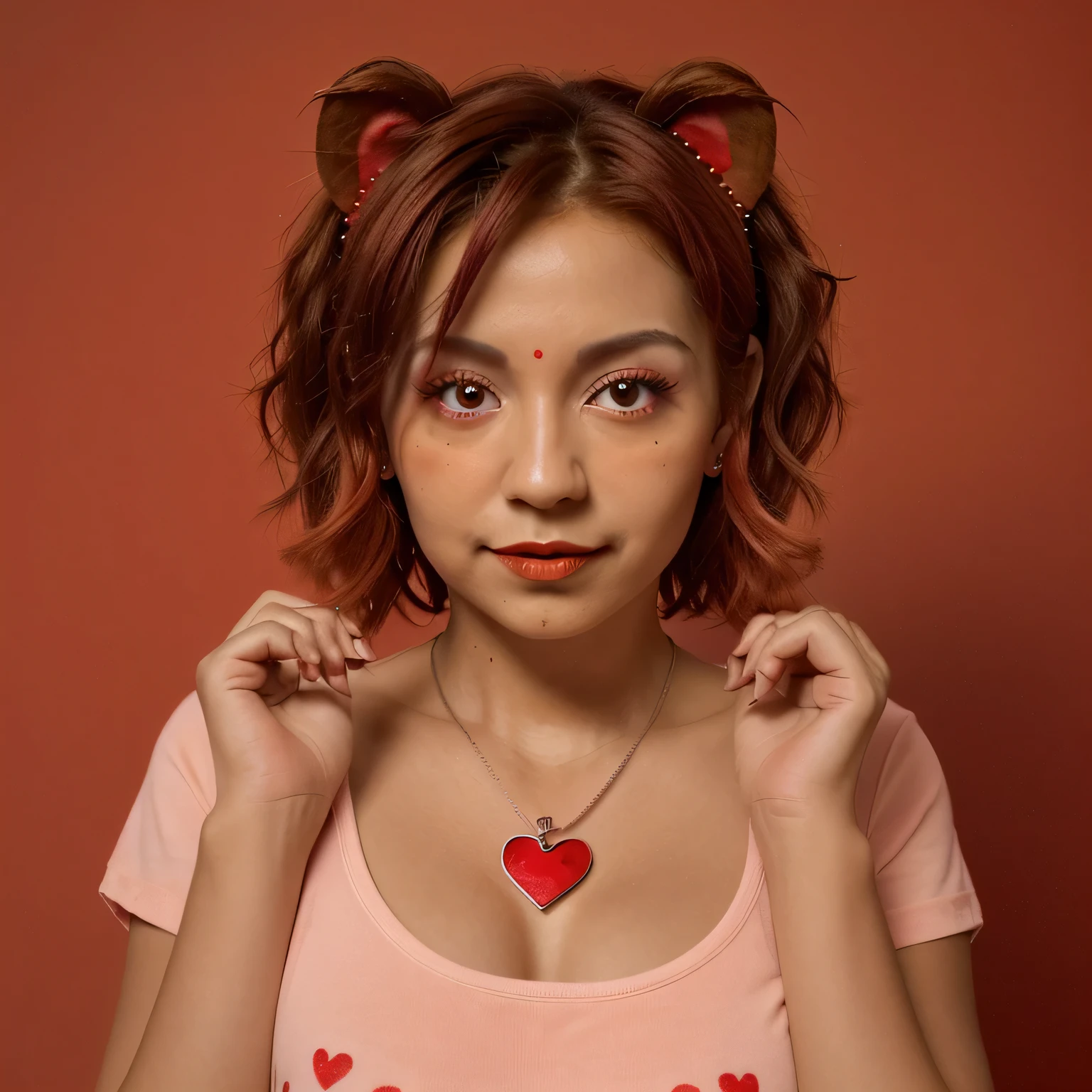 Chica, pelo corto de color rojo con orejas de oso de color rojo, ropa de color rojo hermoso, with a heart necklace and red eyes