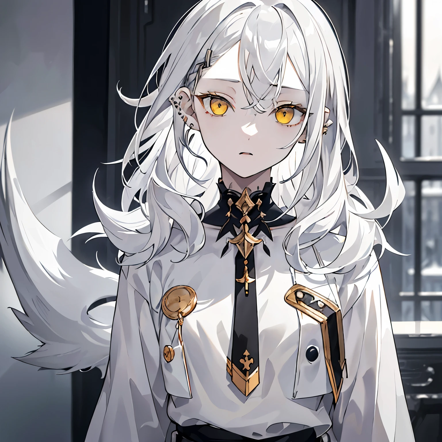 masterpiece, best quality, silver hair, yellow eyes, parted bangs, ((teen 24 yo)), 1girl, small breasts, half-body, medium_messy_wolfcut_hair, wavy_bangs, pierced ears, plain light clothes, half_body_potrait, solo, 1_girl, alone, half body, cold eyes