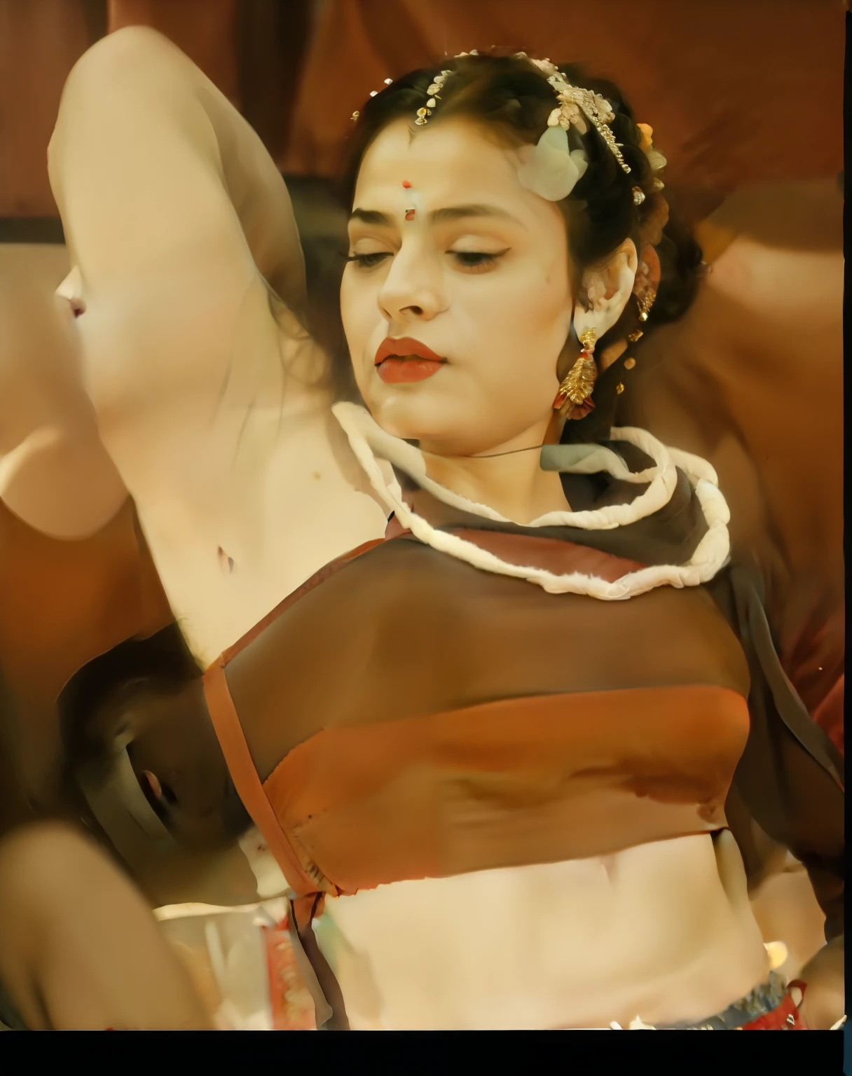 ((best quality)), ((masterpiece)), (detailed), Beautiful Indian old woman, 90 years old, skinny, jewelry, hair bun, naked, bare pussy, dancing on stage, surrounded by audience, legs spread, full body