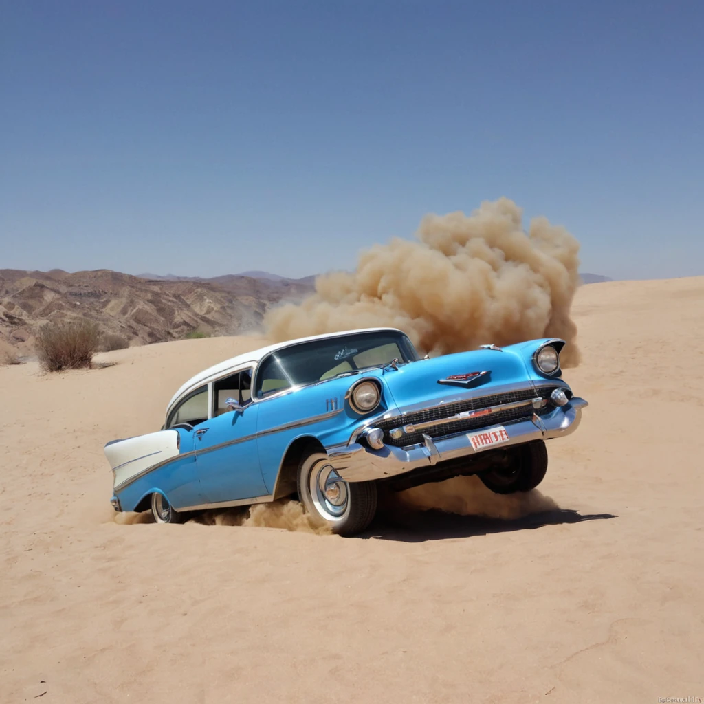 Retrato de um carro "1959 Chevrolet Bel Air" enferrujado, robusto, Estilo Madmax, is jumping over a dune in the desert, it's on fire, diagonal camera, in a desert with canyons , blue skies, realista, as realistic as possible.