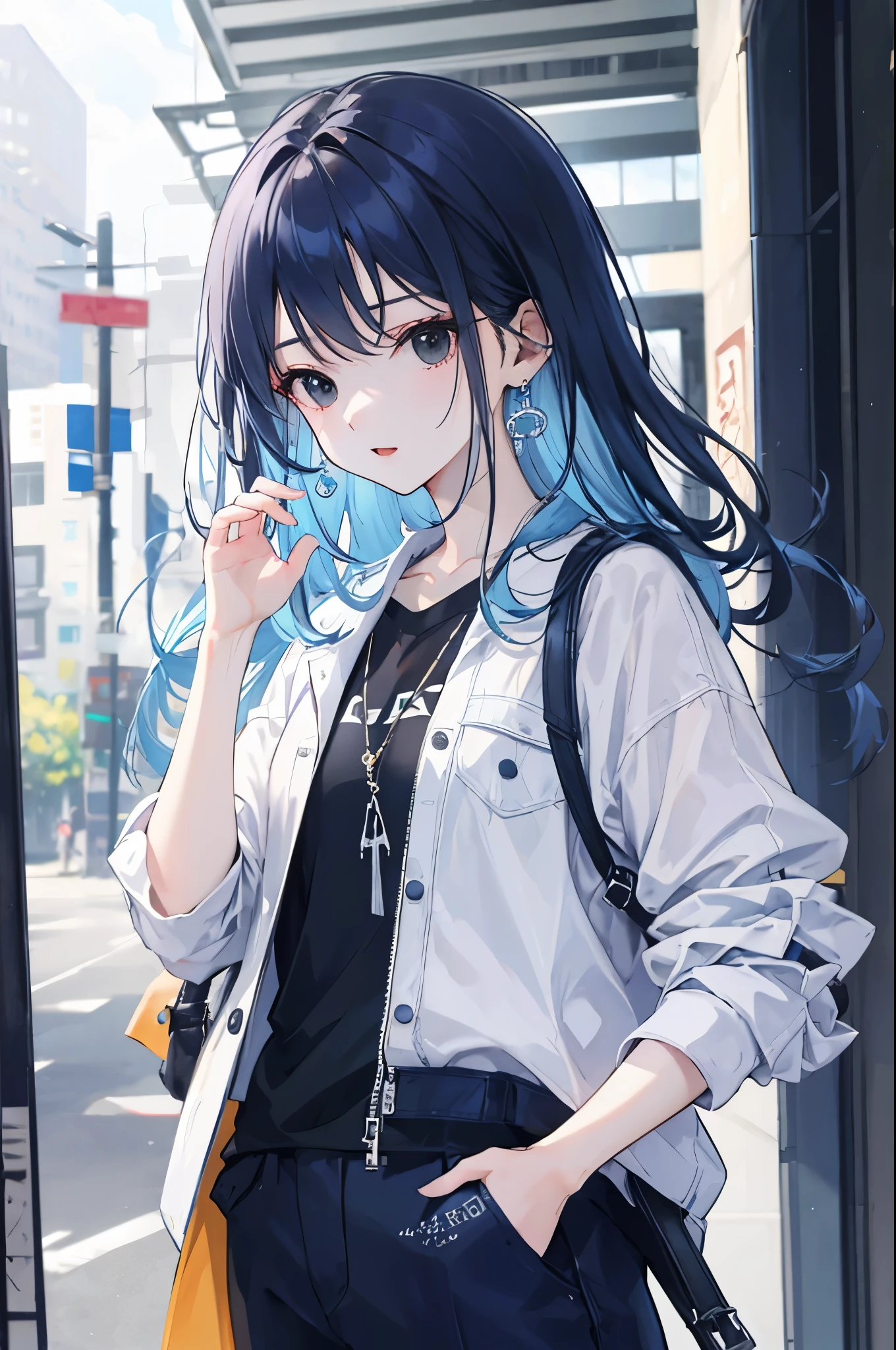 girls、earrings、cool、3✕3の目、black eyes、
black hair,light blue hair tips、I put my hands in my pockets、