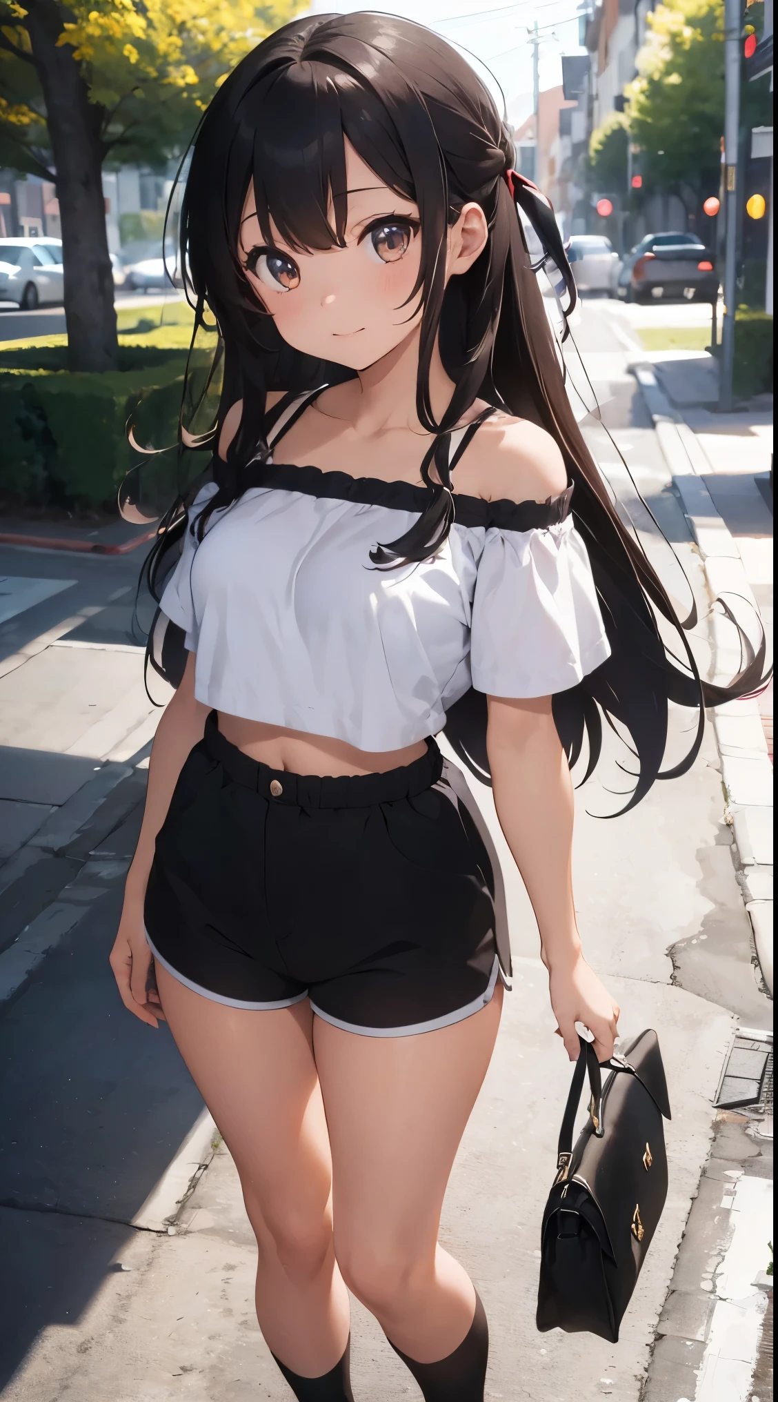 1girl, full body shot, long brown hair, brown eyes, off shoulder crop top, BLACK shorts, cute, happy, absurdres, high res, ultrasharp, 8K, masterpiece, forest, looking at viewer,