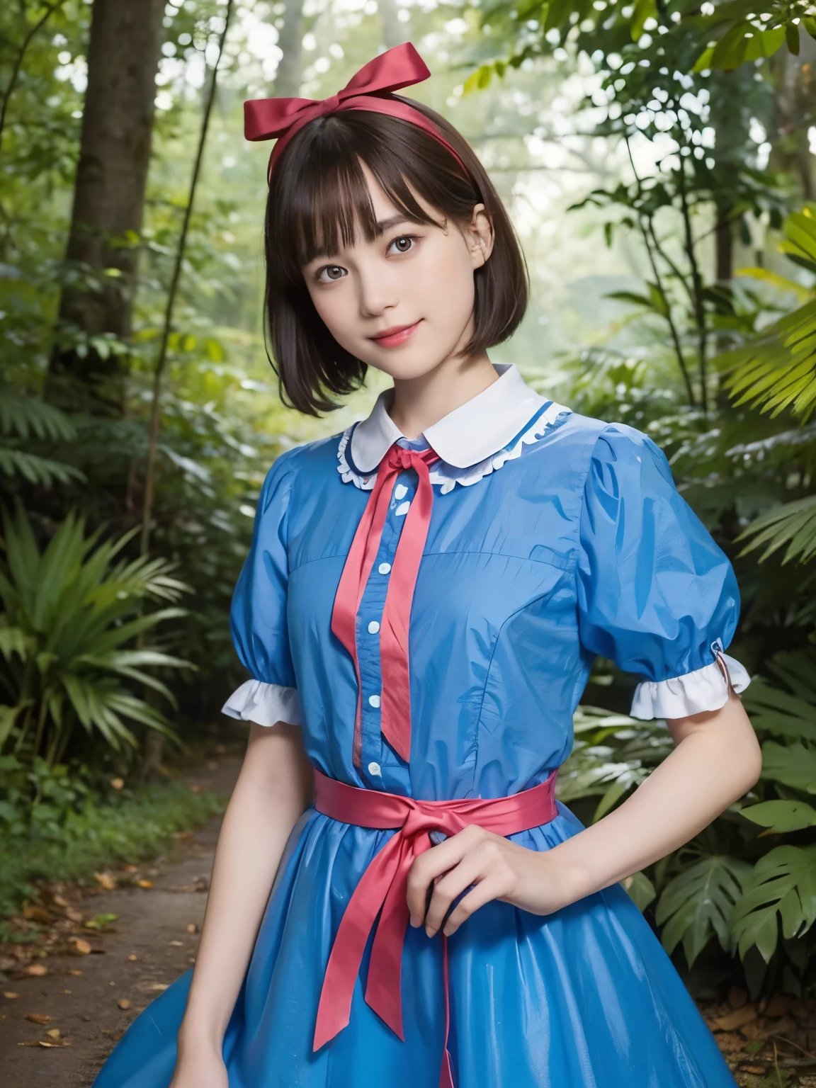 (alice in wonderland), 1-9-1, (He wears a large triangular ribbon on his head....), short hair, young woman, gentle smile, colorful clothes, in the deep forest, There is a large stump

