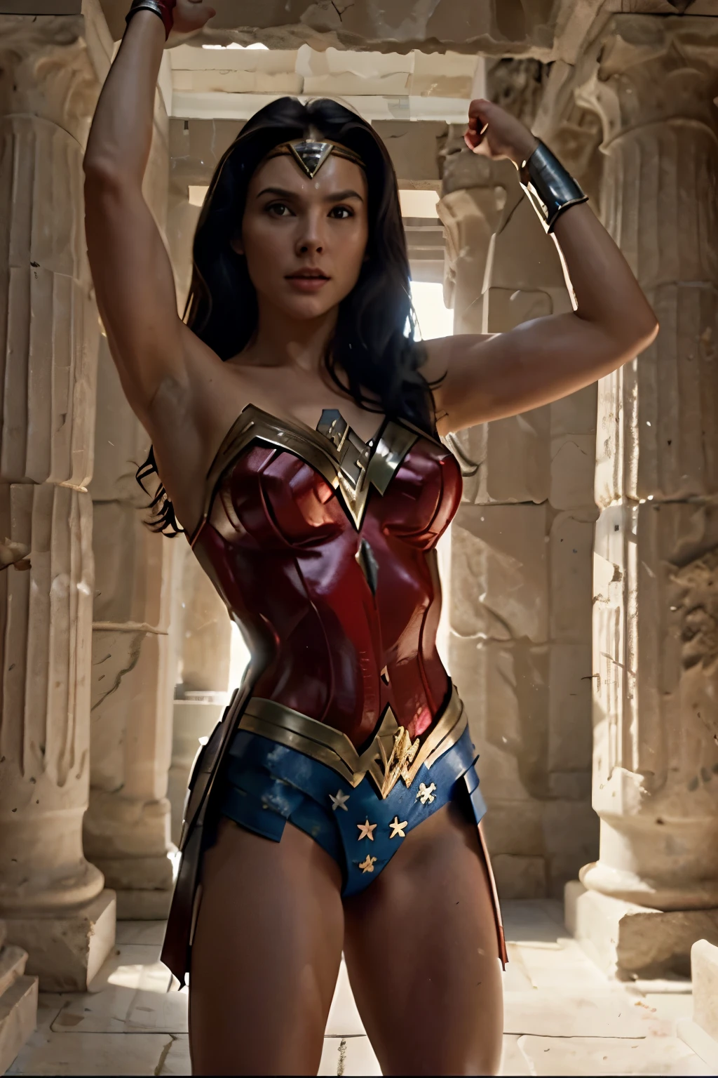 A scene from the TV show Wonder Woman with complex lighting, a beautiful and muscular feminine body wearing a red, white, and blue costume in an ancient Greek temple with her hands outstretched to the sides reaching for someone, 80s TV series screencap in the style of Wonder Woman.