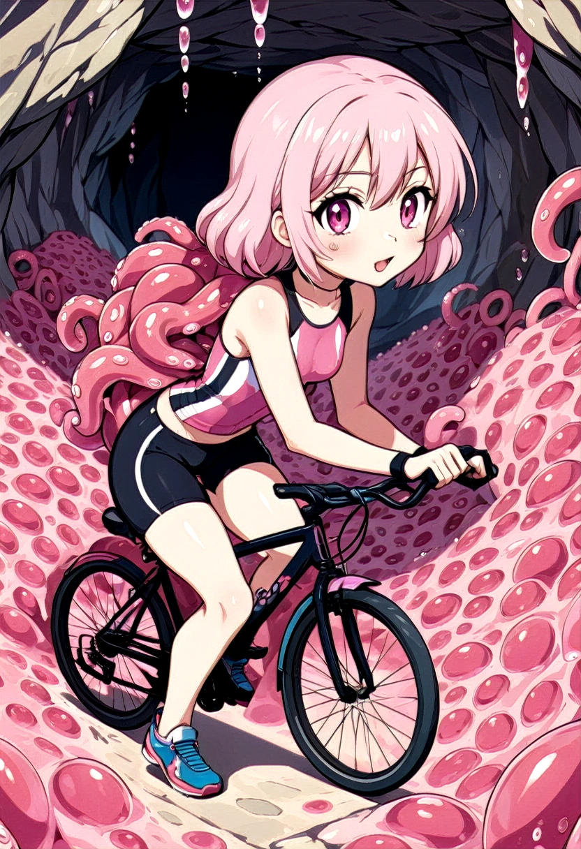 cute anime girl rides a bicycle, in running shorts, short shorts, Cave covered with pink biological cells , Tentacles entangled
