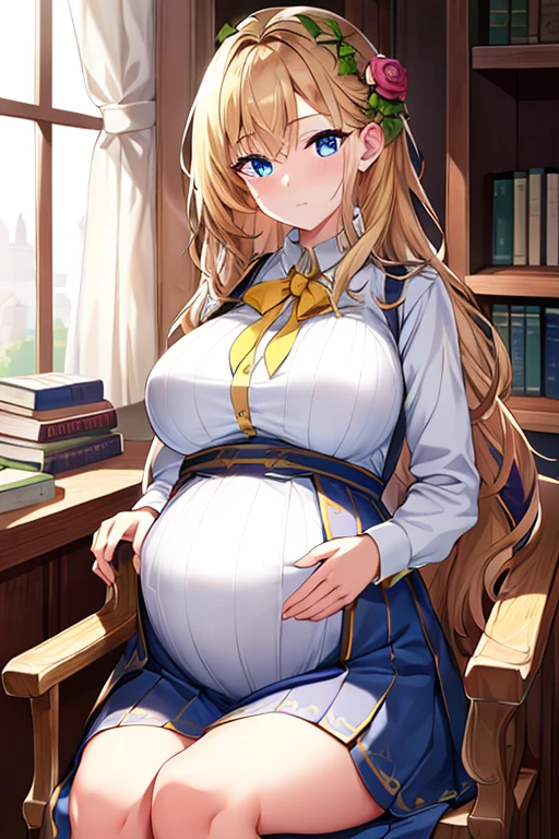 Solo, 1girl, masterpiece, best quality, extremly detailed, Cinematic lighting, intricate detail, highres, official art, finely detailed beautiful face and eyes, high resolution illustration, 8k, dark intense shadows, overexposure, [blonde hair/brown hair], single braid, blue eyes, smug, sitting on chair, upper body, large breasts, white shirts, yellow suspenders, book_stack, library, ((vine)), rose, looking at the viewer, large belly, pregnant, bulge, hyperpregnant, multiple pregnancies, swollen belly, huge