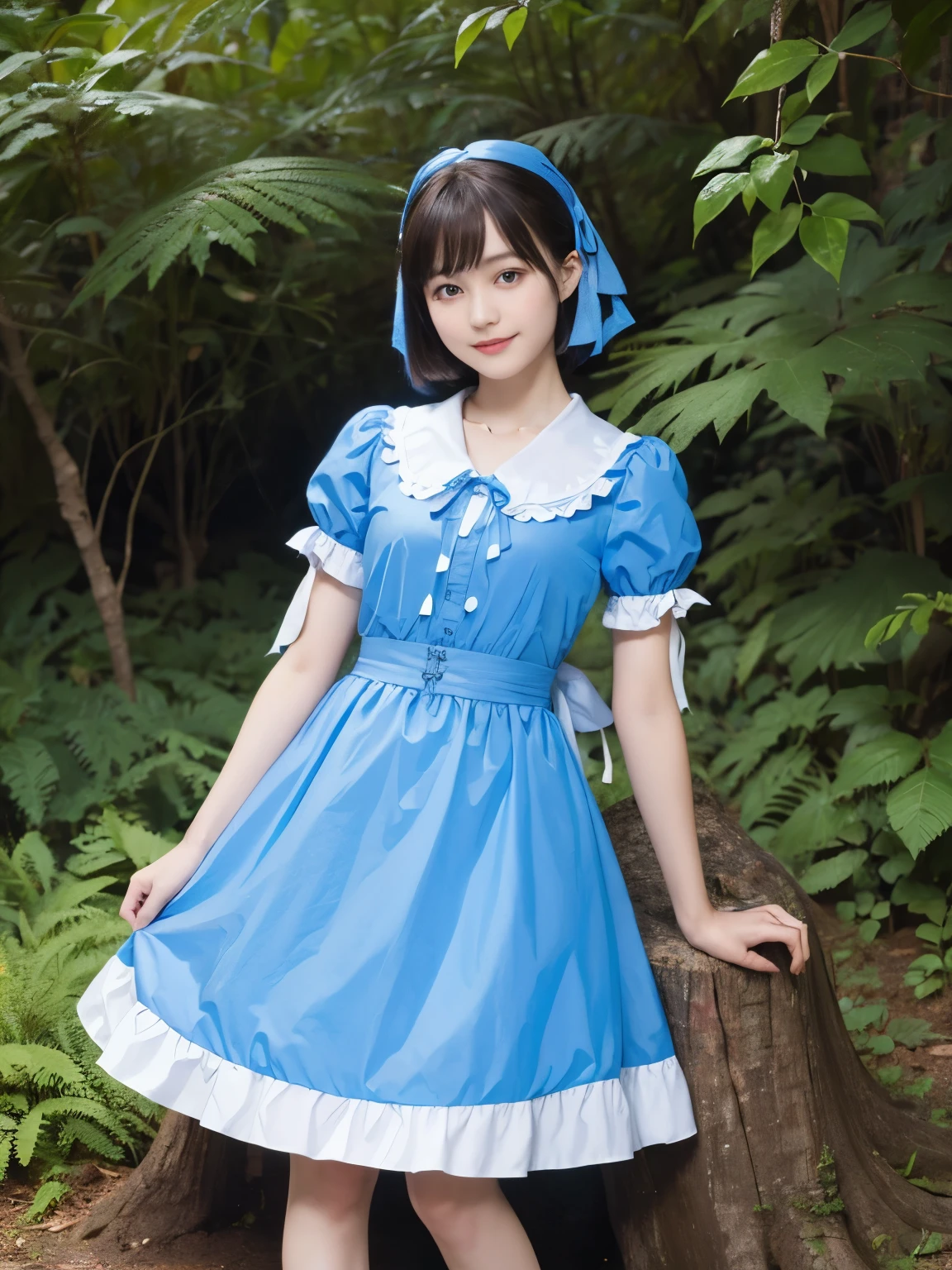 (alice in wonderland), 1-9-1, (He wears a large triangular ribbon on his head....), short hair, young woman, gentle smile, colorful clothes, in the deep forest, There is a large stump